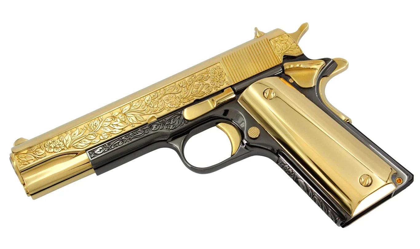 Colt 1911 Government, 45ACP, Italian Renaissance, 24K Gold Plated Slide & Accents with a Black Chrome Finish - Image 4