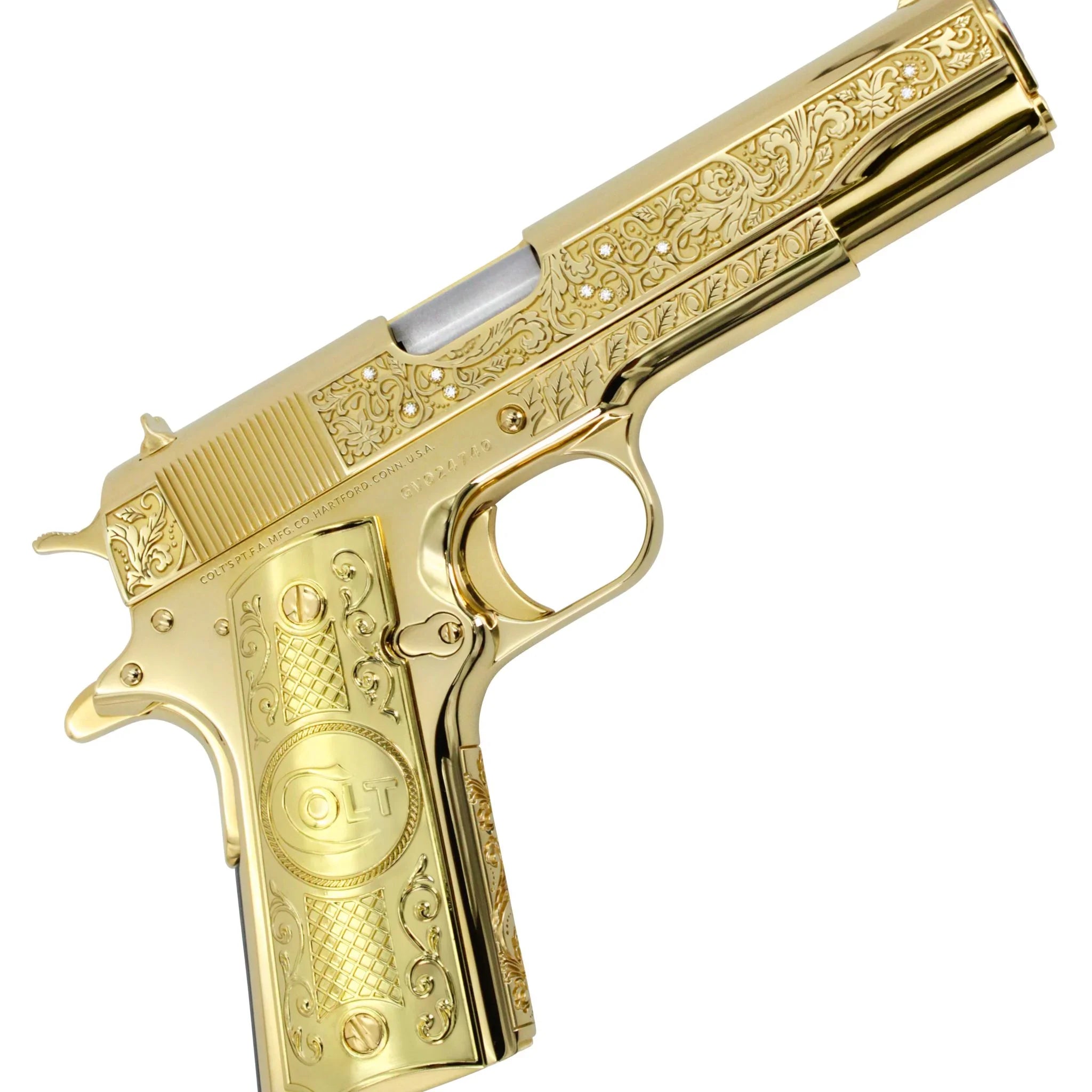 Colt 1911 Government, 45 ACP, 7 + 1, Vine & Berries Design With Diamonds, 24K All Gold - Image 2