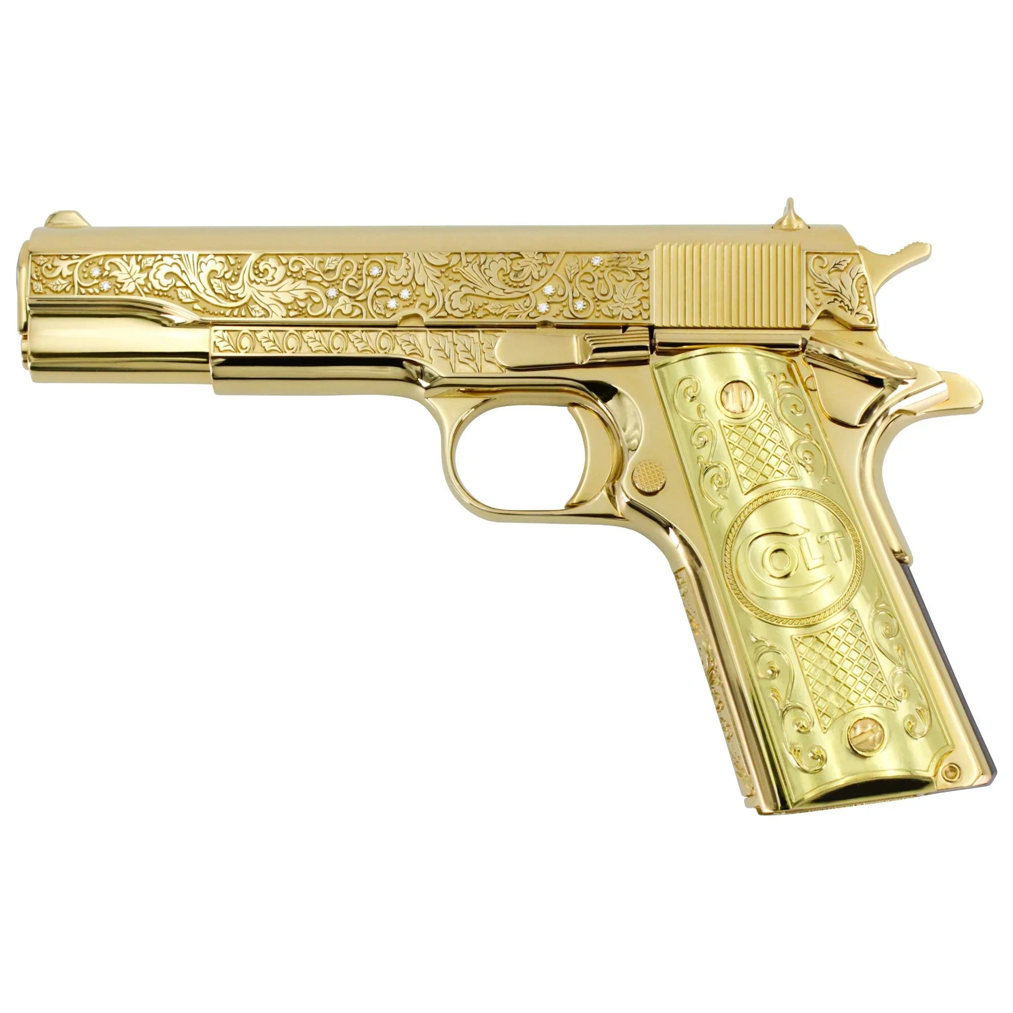 Colt 1911 Government, 45 ACP, 7 + 1, Vine & Berries Design With Diamonds, 24K All Gold