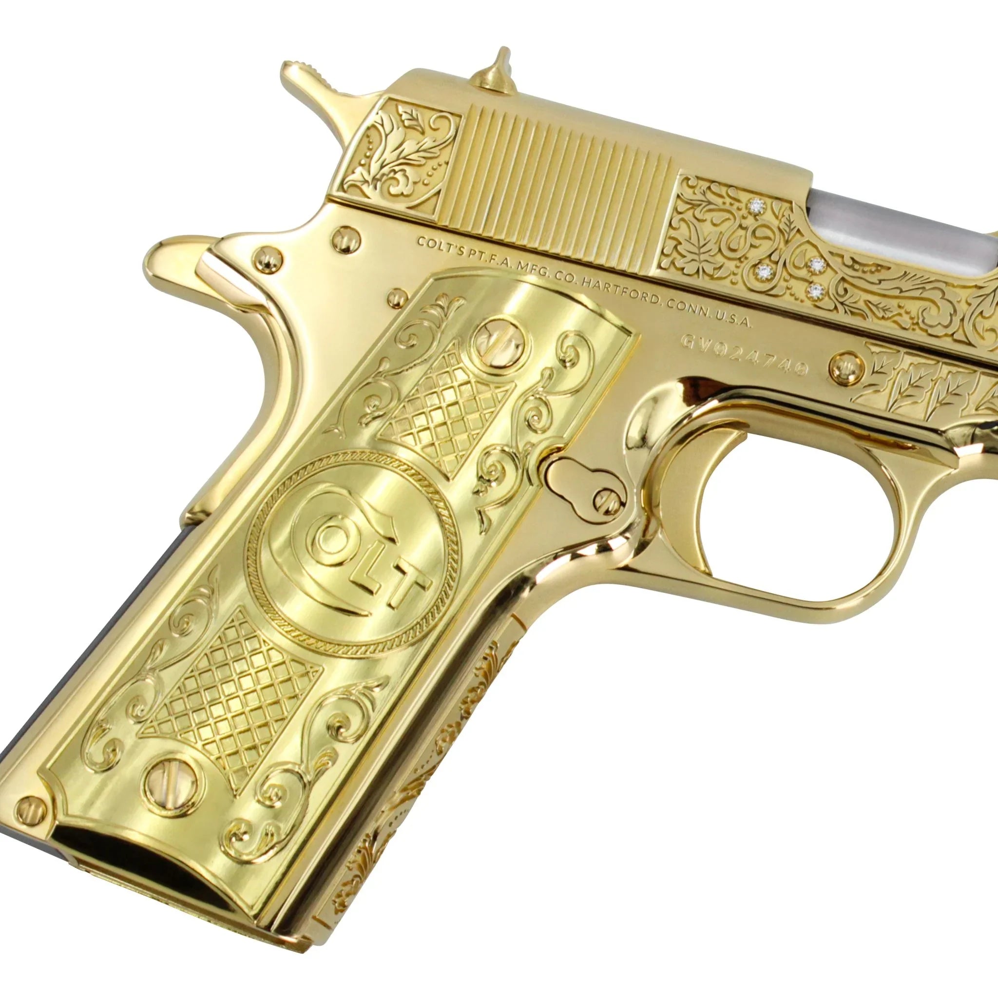 Colt 1911 Government, 45 ACP, 7 + 1, Vine & Berries Design With Diamonds, 24K All Gold - Image 4