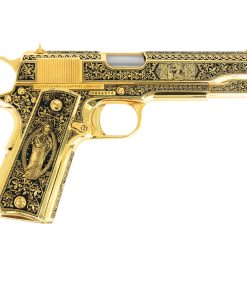 Alternative view of Colt 1911 Government, 45 ACP, 7 + 1, Cathedral, all 24K Gold