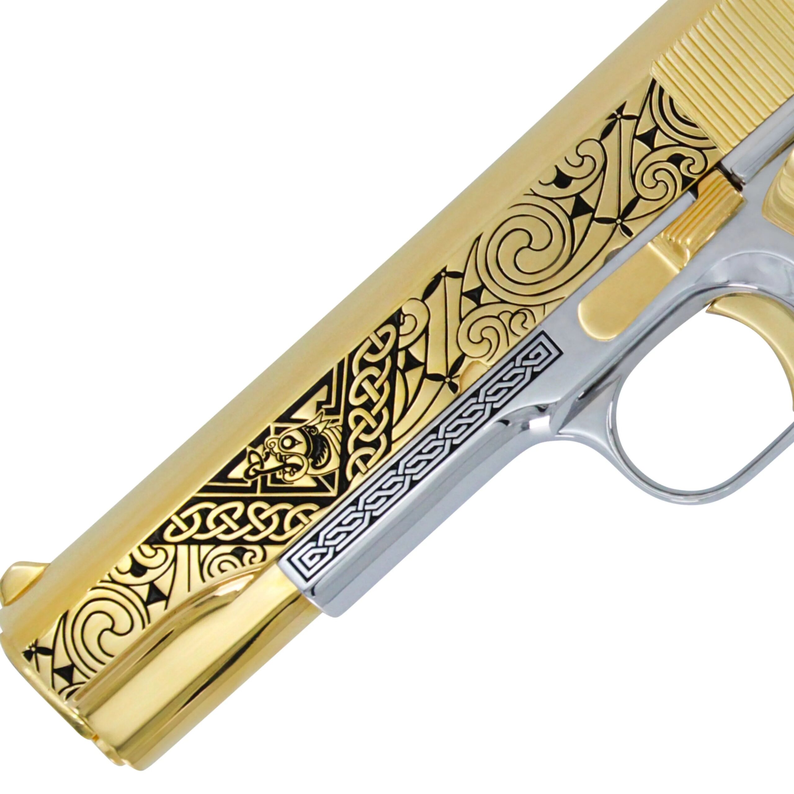 Colt 1911 Government, 45ACP, Celtic Honor, 24K Gold Plated Slide & Accents, Chrome Finish Frame - Image 2