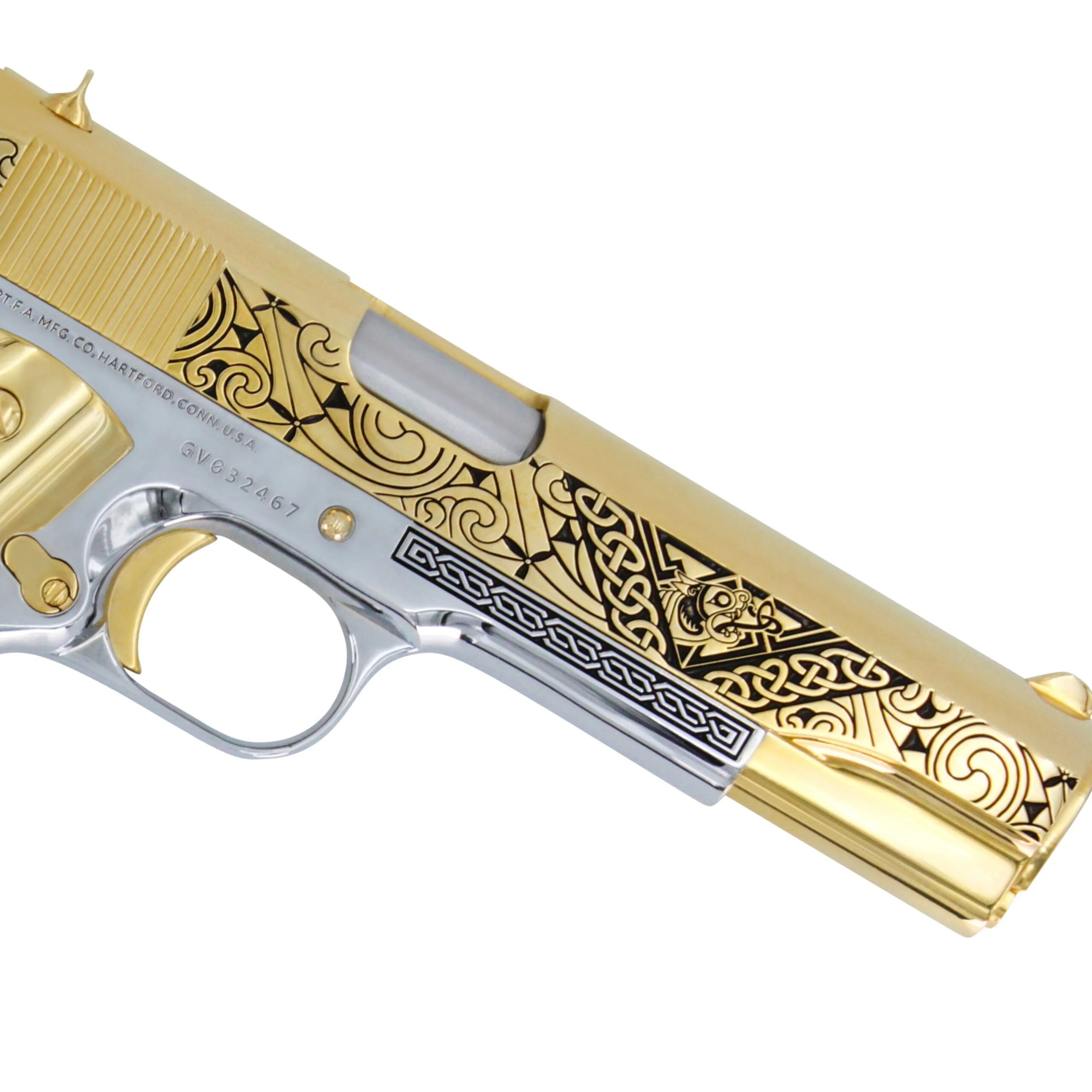 Colt 1911 Government, 45ACP, Celtic Honor, 24K Gold Plated Slide & Accents, Chrome Finish Frame - Image 3