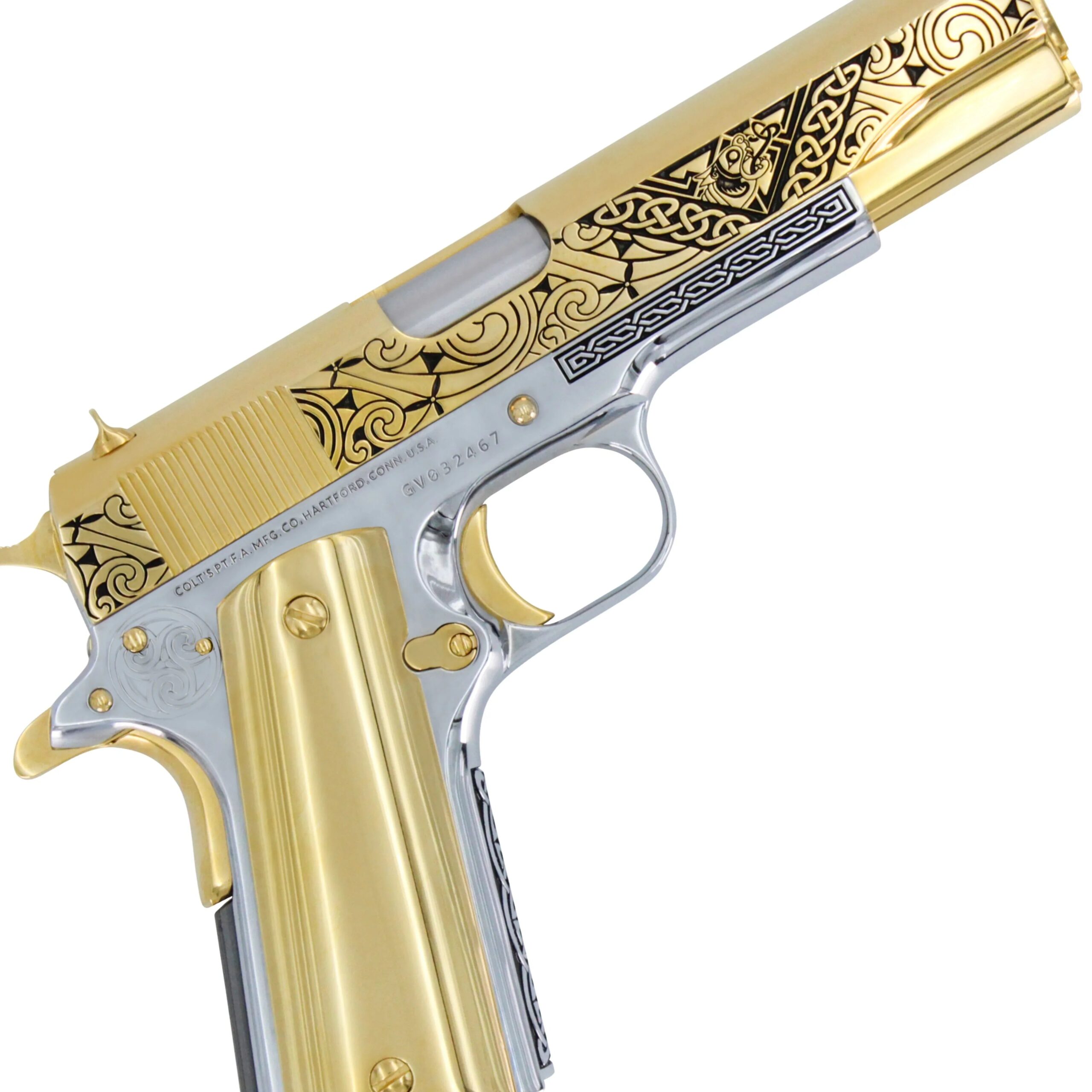 Colt 1911 Government, 45ACP, Celtic Honor, 24K Gold Plated Slide & Accents, Chrome Finish Frame - Image 4