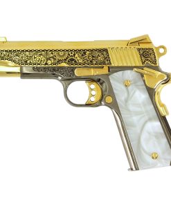 Colt 1911 Combat Commander, 45 ACP, Engraved In High Polish 24 karat Gold Plated and Black Chrome Clockwork Design