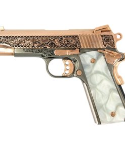 Colt 1911 Combat Commander, 45 ACP,  Engraved In High Polish 18K Rose Gold Plated, Black Chrome Clockwork Design