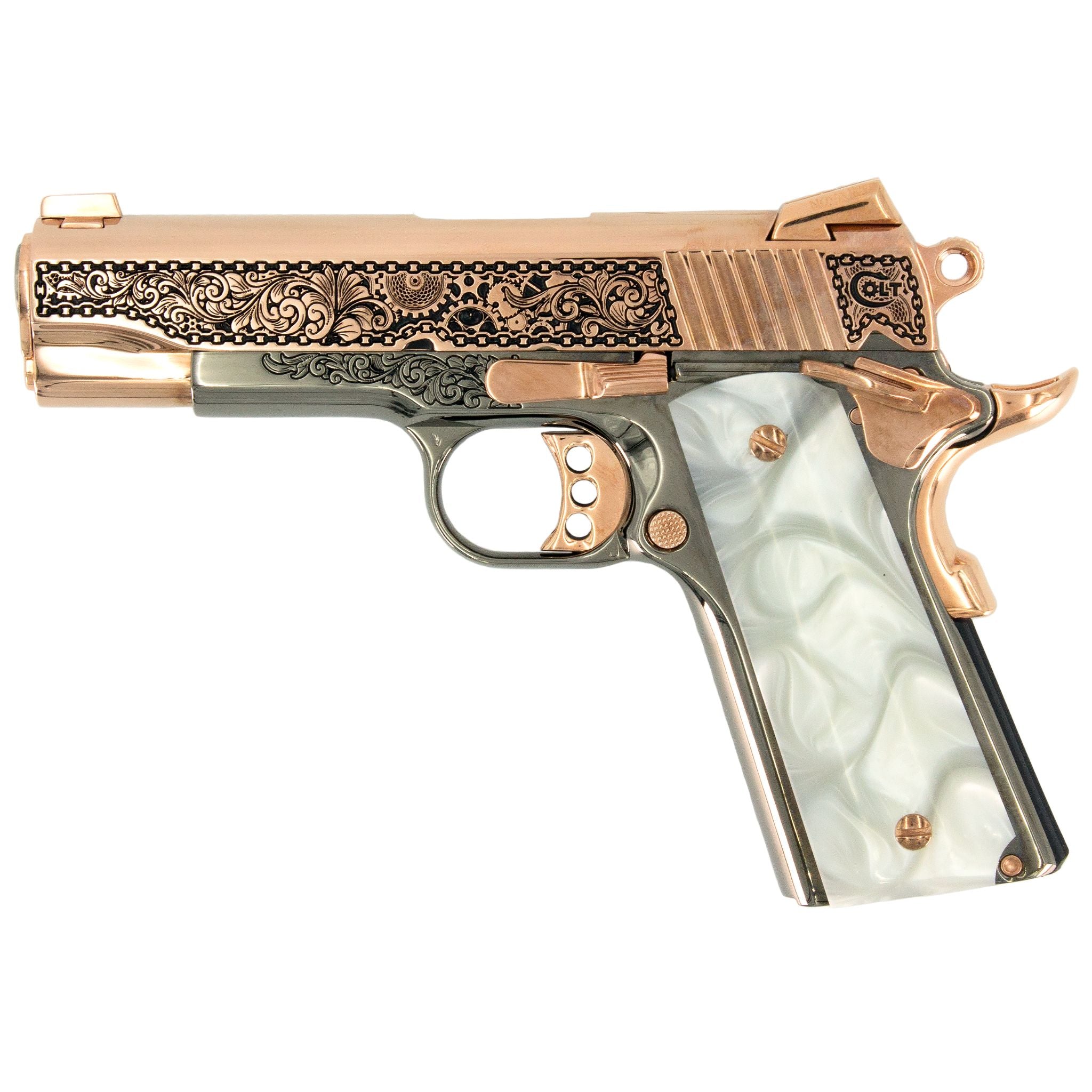 Colt 1911 Combat Commander, 45 ACP, Engraved In High Polish 18K Rose Gold Plated, Black Chrome Clockwork Design