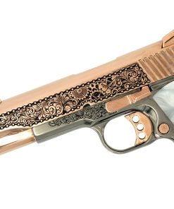 Alternative view of Colt 1911 Combat Commander, 45 ACP,  Engraved In High Polish 18K Rose Gold Plated, Black Chrome Clockwork Design