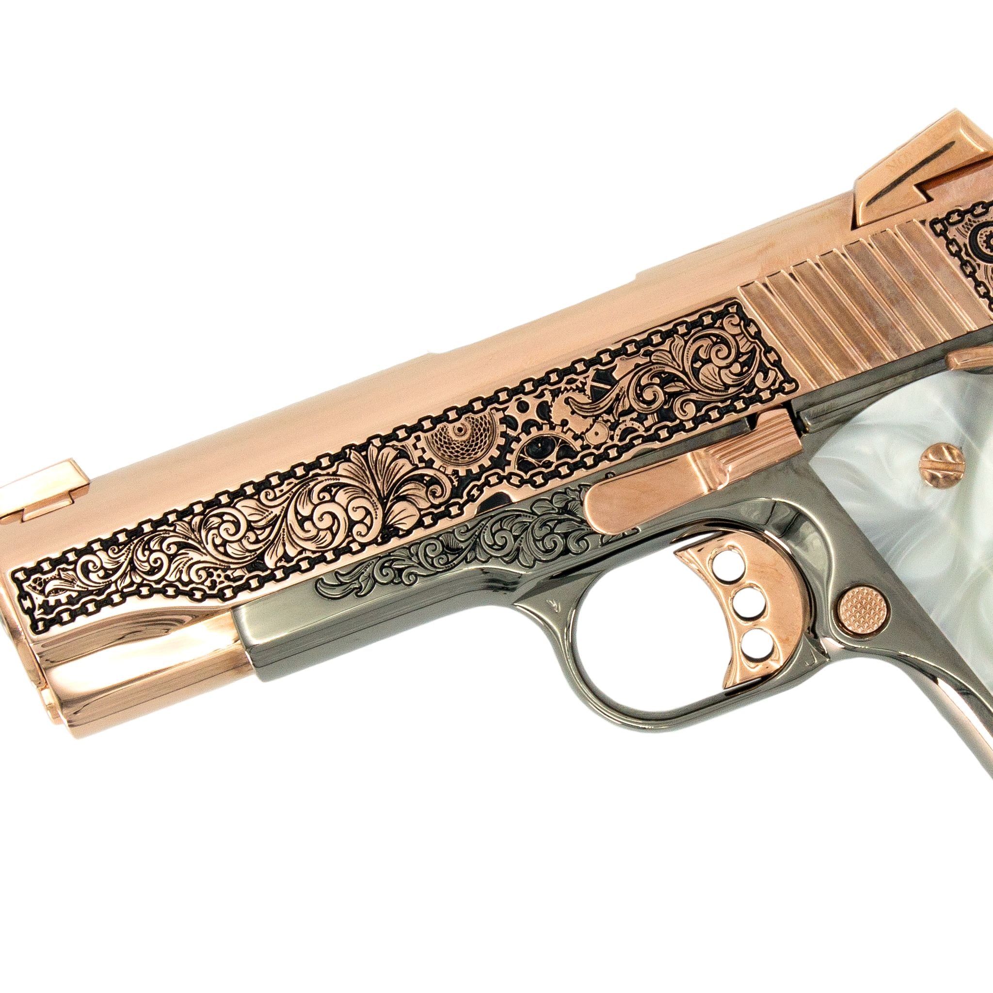 Colt 1911 Combat Commander, 45 ACP, Engraved In High Polish 18K Rose Gold Plated, Black Chrome Clockwork Design - Image 2