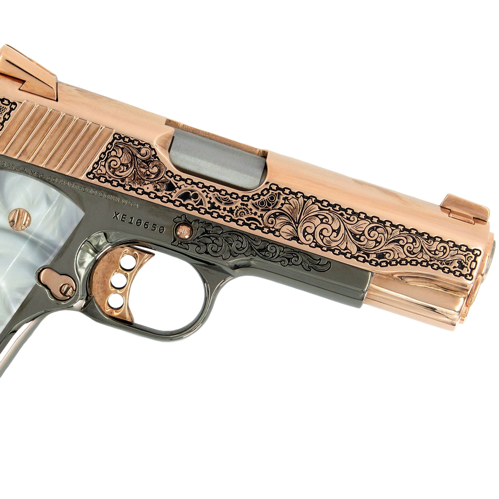 Colt 1911 Combat Commander, 45 ACP, Engraved In High Polish 18K Rose Gold Plated, Black Chrome Clockwork Design - Image 3