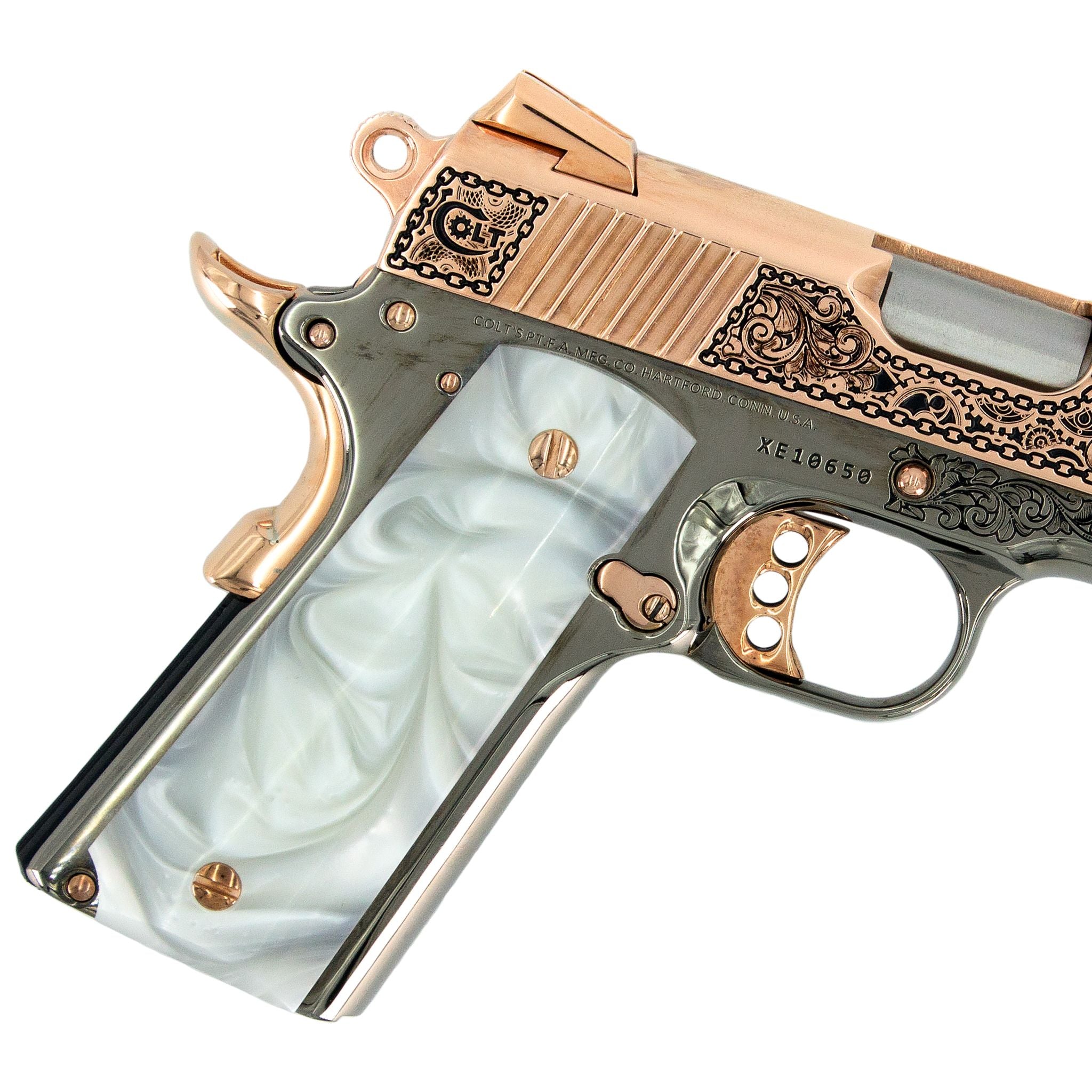 Colt 1911 Combat Commander, 45 ACP, Engraved In High Polish 18K Rose Gold Plated, Black Chrome Clockwork Design - Image 4