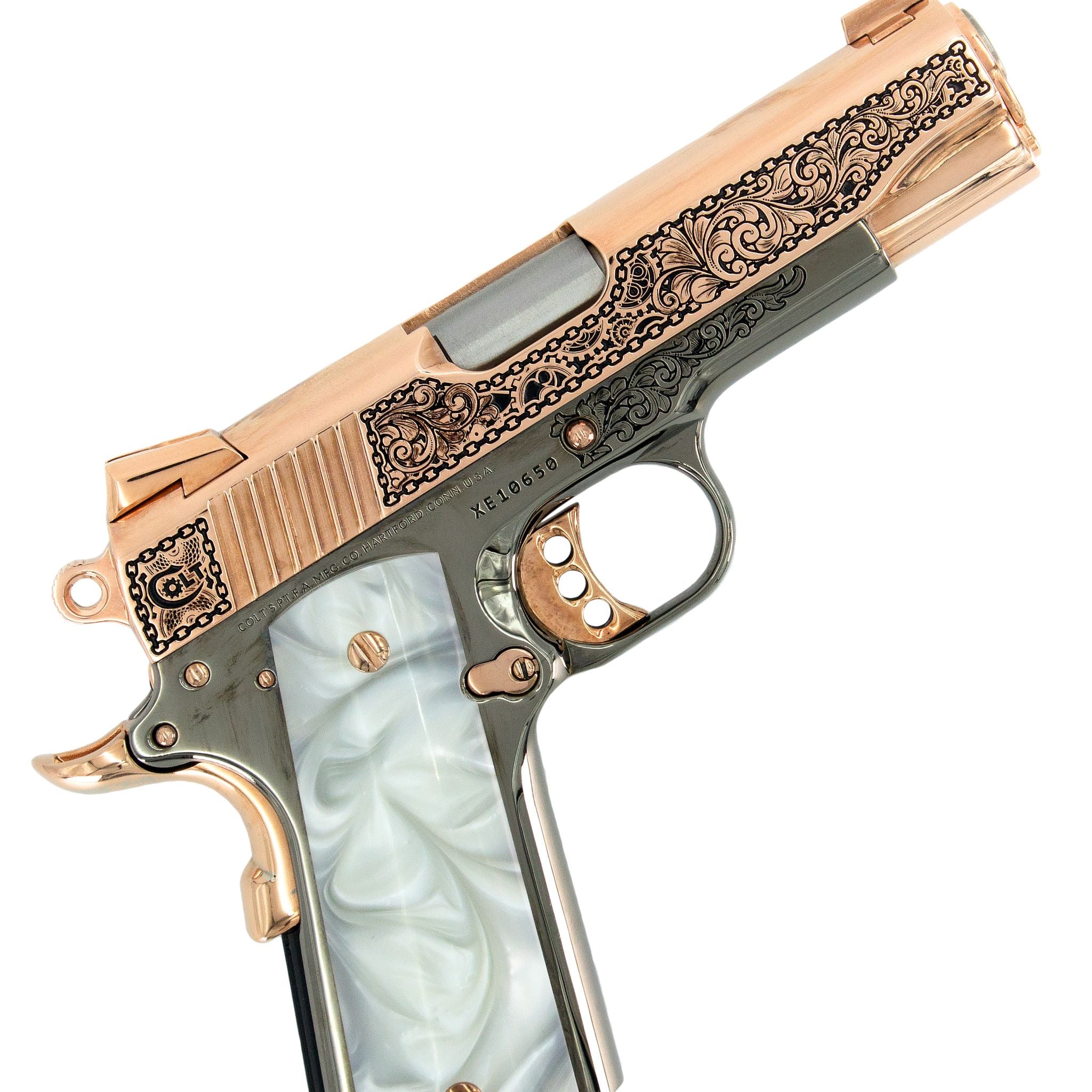 Colt 1911 Combat Commander, 45 ACP, Engraved In High Polish 18K Rose Gold Plated, Black Chrome Clockwork Design - Image 5