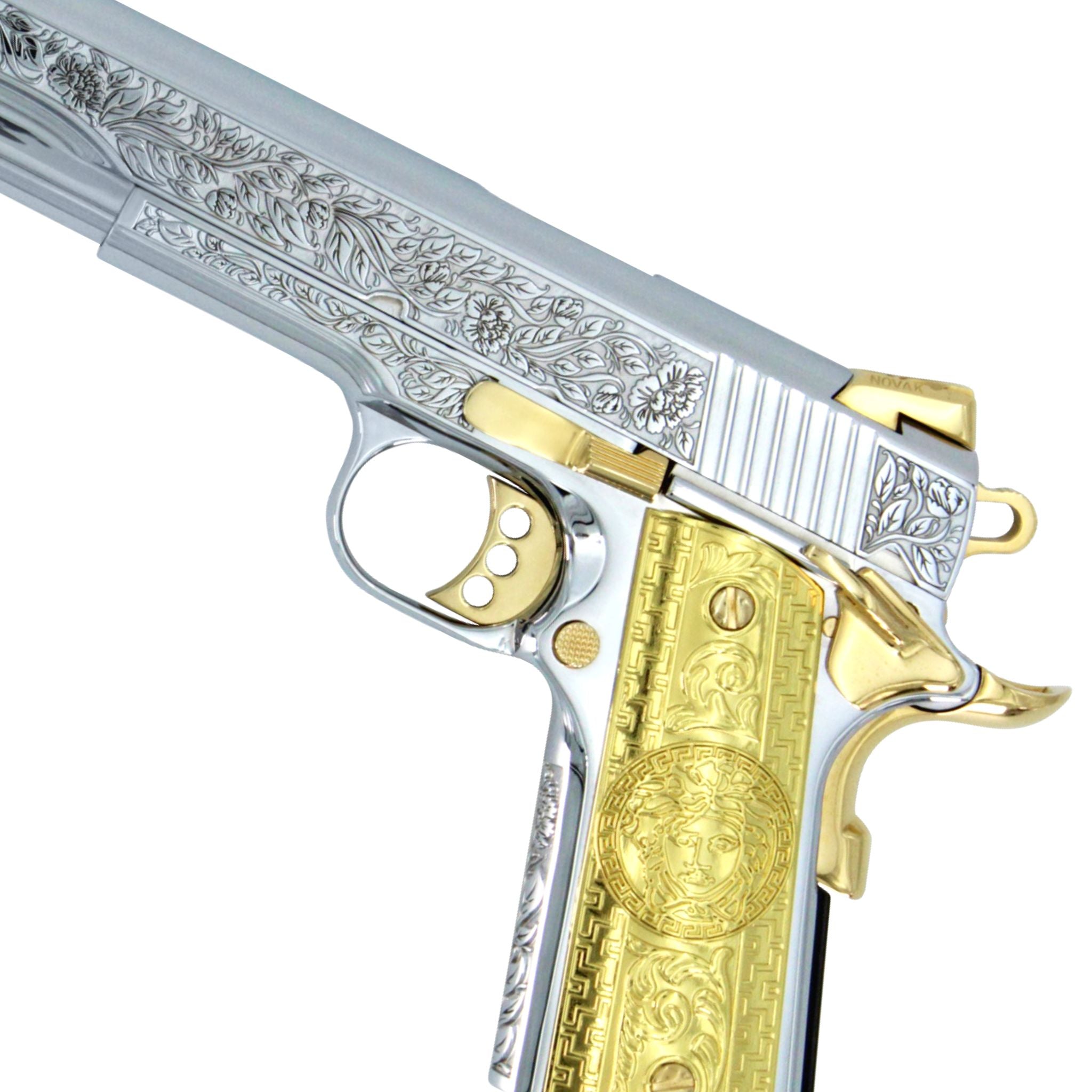Colt 1911 Competition, .45 ACP, Italian Renaissance, High Polished White Chrome, 24K Gold Plated Accents and Grips - Image 2