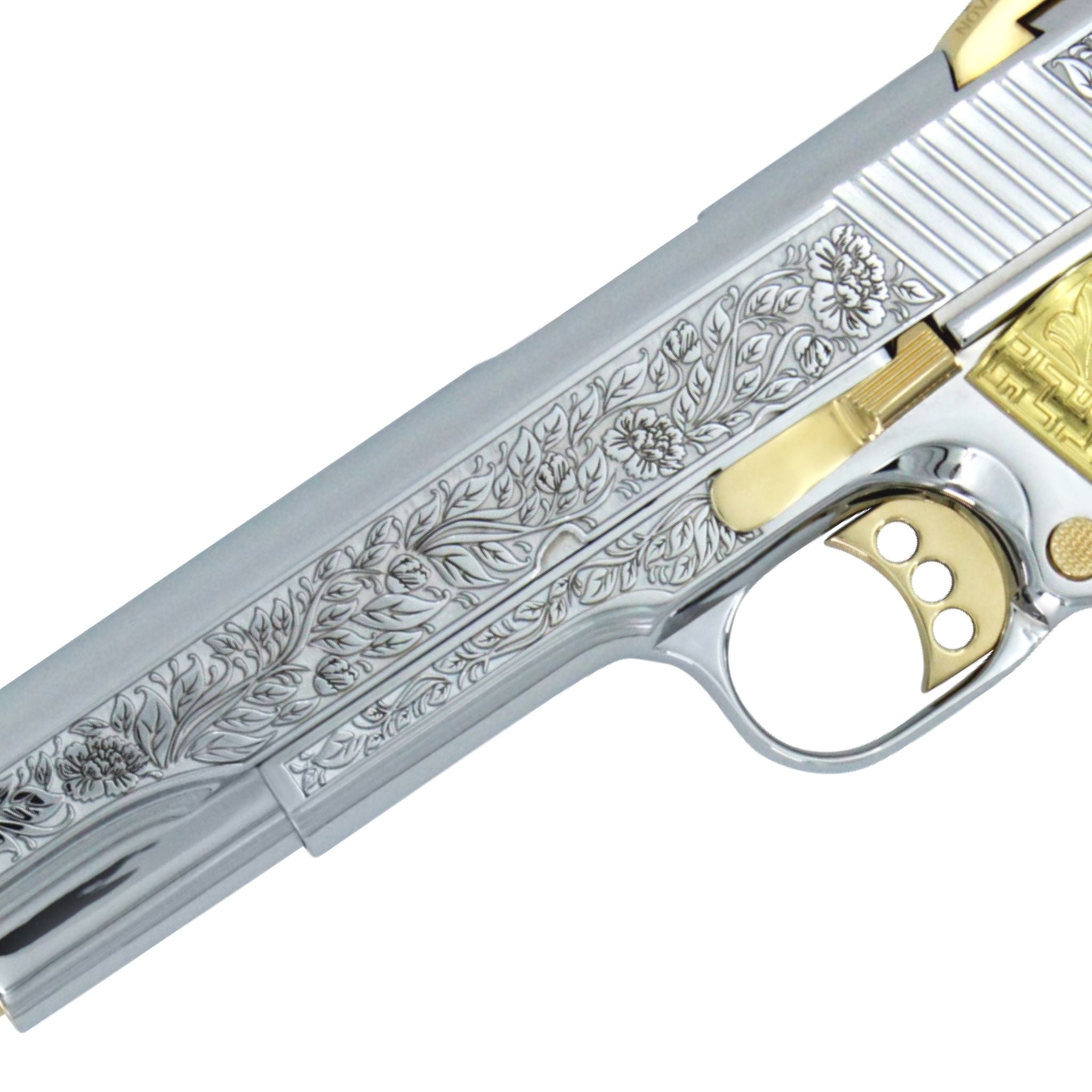 Colt 1911 Competition, .45 ACP, Italian Renaissance, High Polished White Chrome, 24K Gold Plated Accents and Grips - Image 3