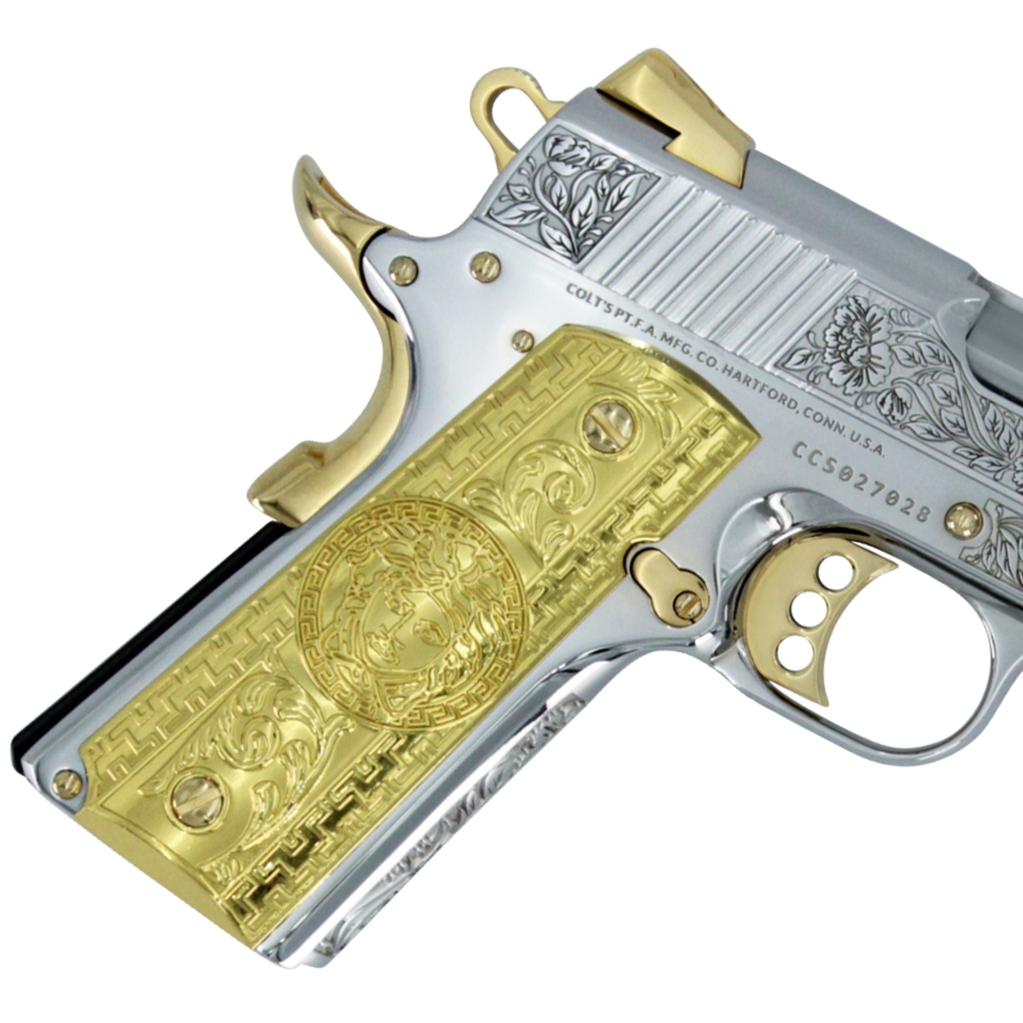 Colt 1911 Competition, .45 ACP, Italian Renaissance, High Polished White Chrome, 24K Gold Plated Accents and Grips - Image 4