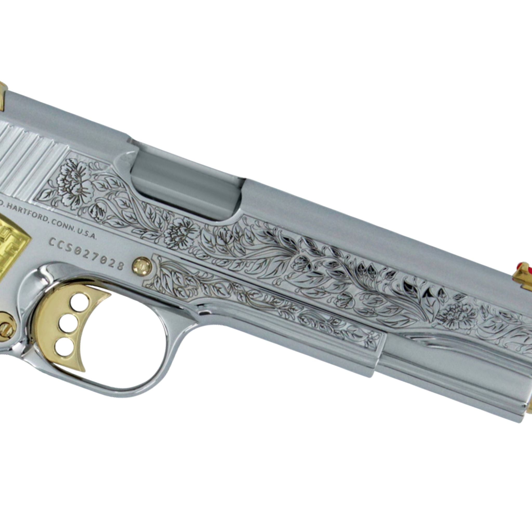 Colt 1911 Competition, .45 ACP, Italian Renaissance, High Polished White Chrome, 24K Gold Plated Accents and Grips - Image 5