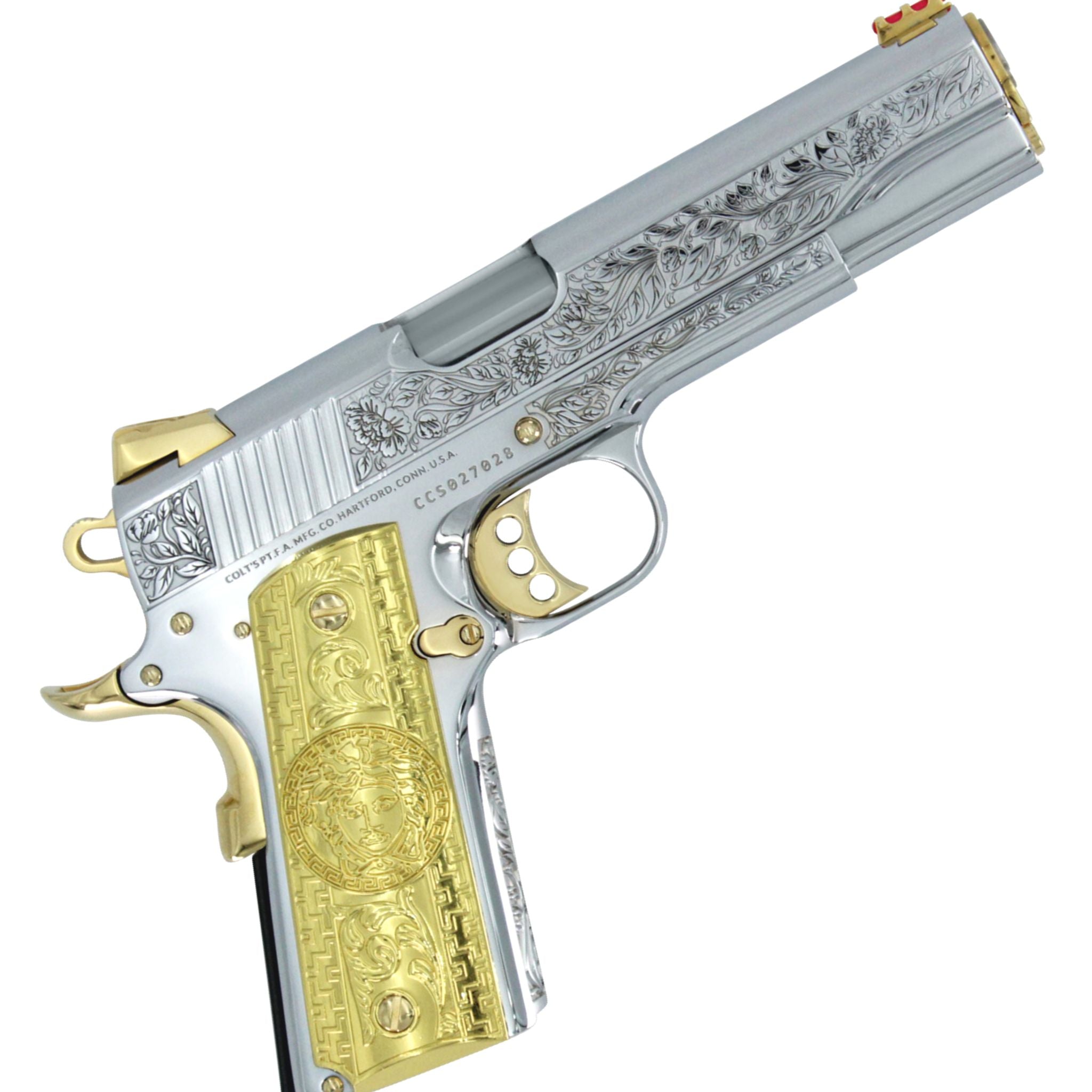 Colt 1911 Competition, .45 ACP, Italian Renaissance, High Polished White Chrome, 24K Gold Plated Accents and Grips - Image 6