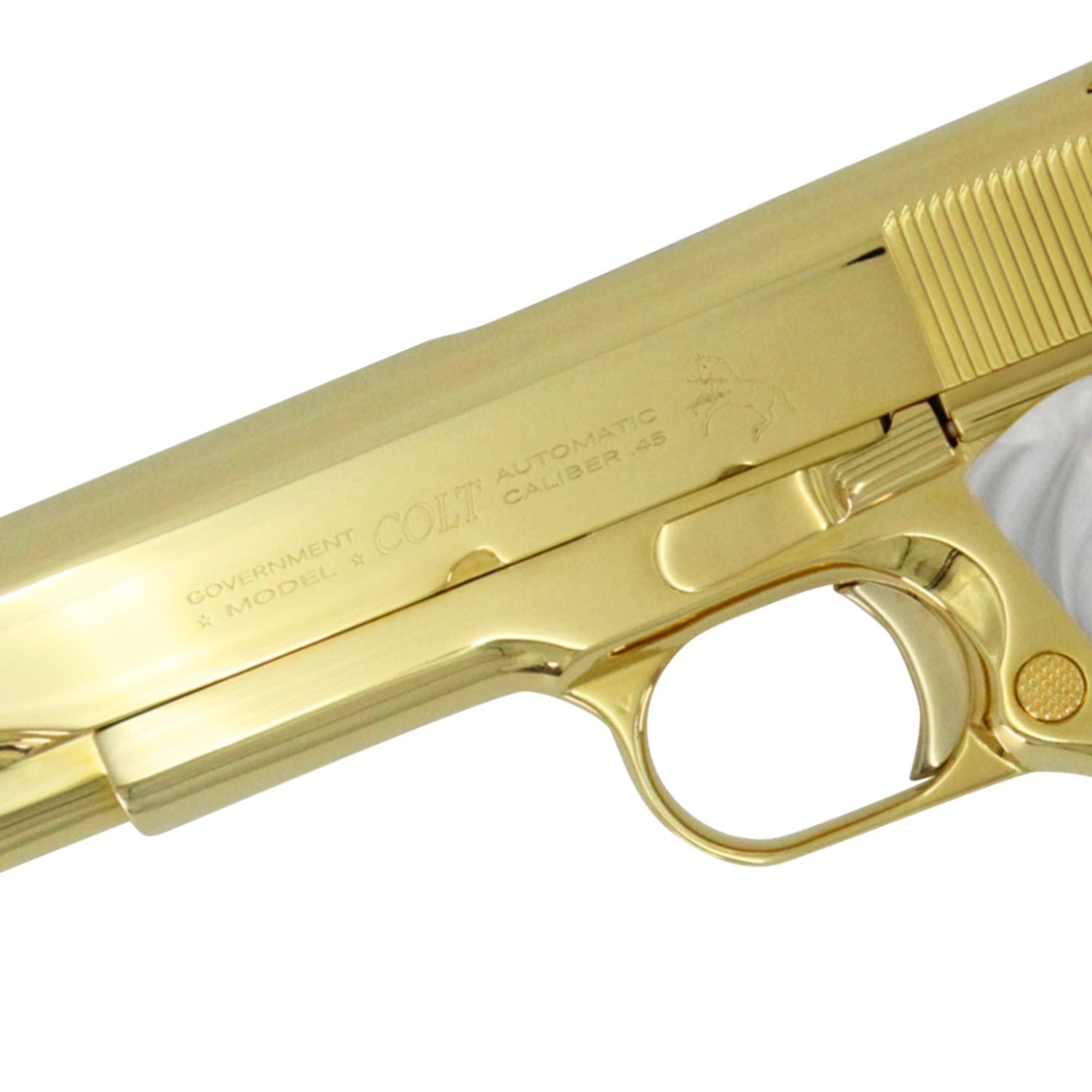 Colt 1911 Government, 45ACP, 24K All Gold Plated, Hogue White Pearlized Grips - Image 2