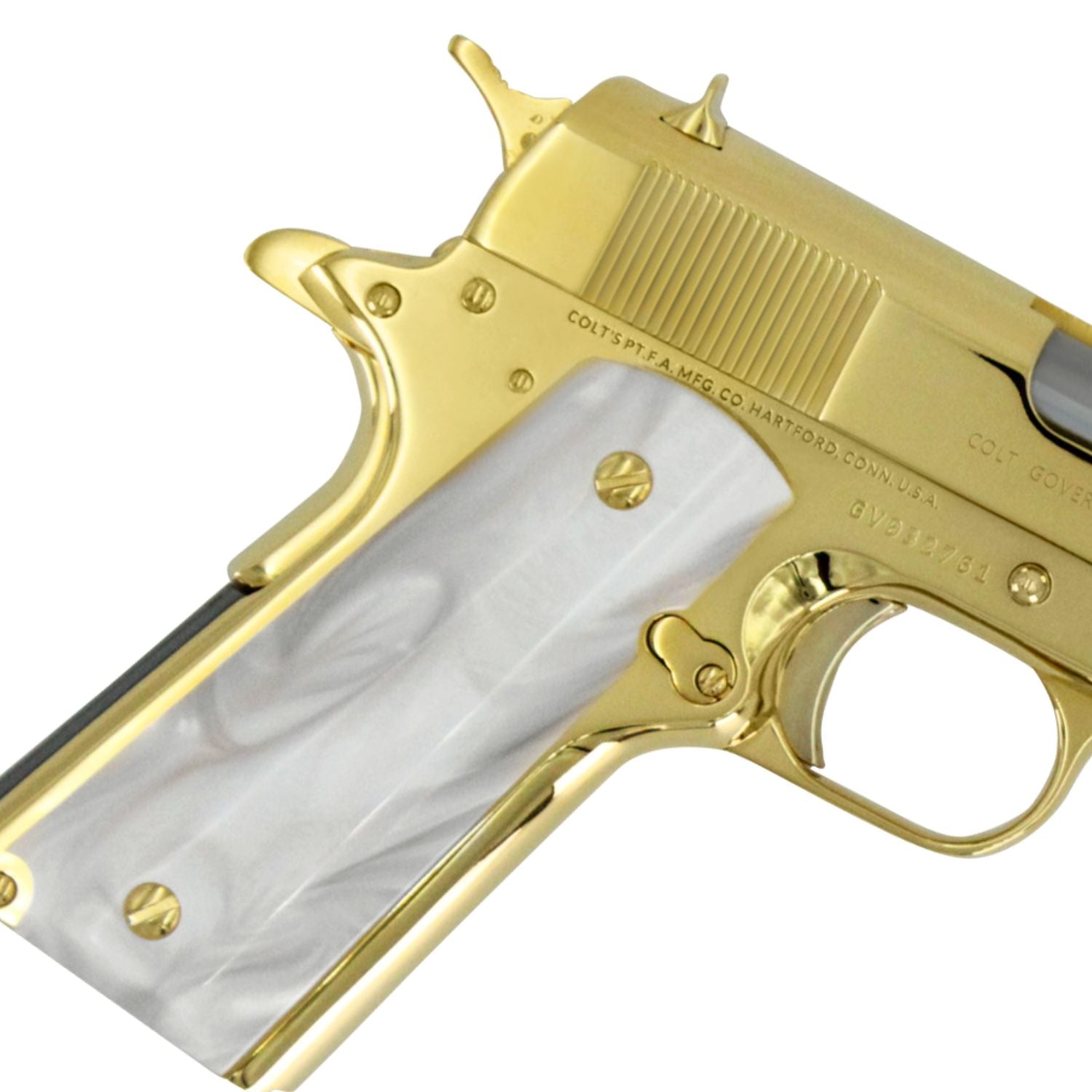 Colt 1911 Government, 45ACP, 24K All Gold Plated, Hogue White Pearlized Grips - Image 3