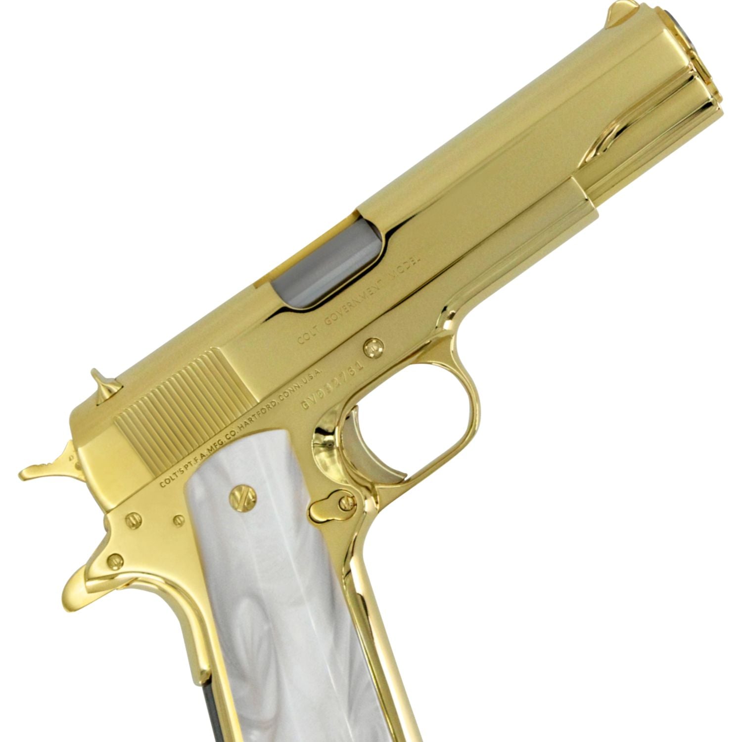 Colt 1911 Government, 45ACP, 24K All Gold Plated, Hogue White Pearlized Grips - Image 5