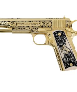 Colt 1911 Government, 45ACP, Classic Scroll Design, 24K All Gold Plated, Engraved White Polymer Ivory Grips
