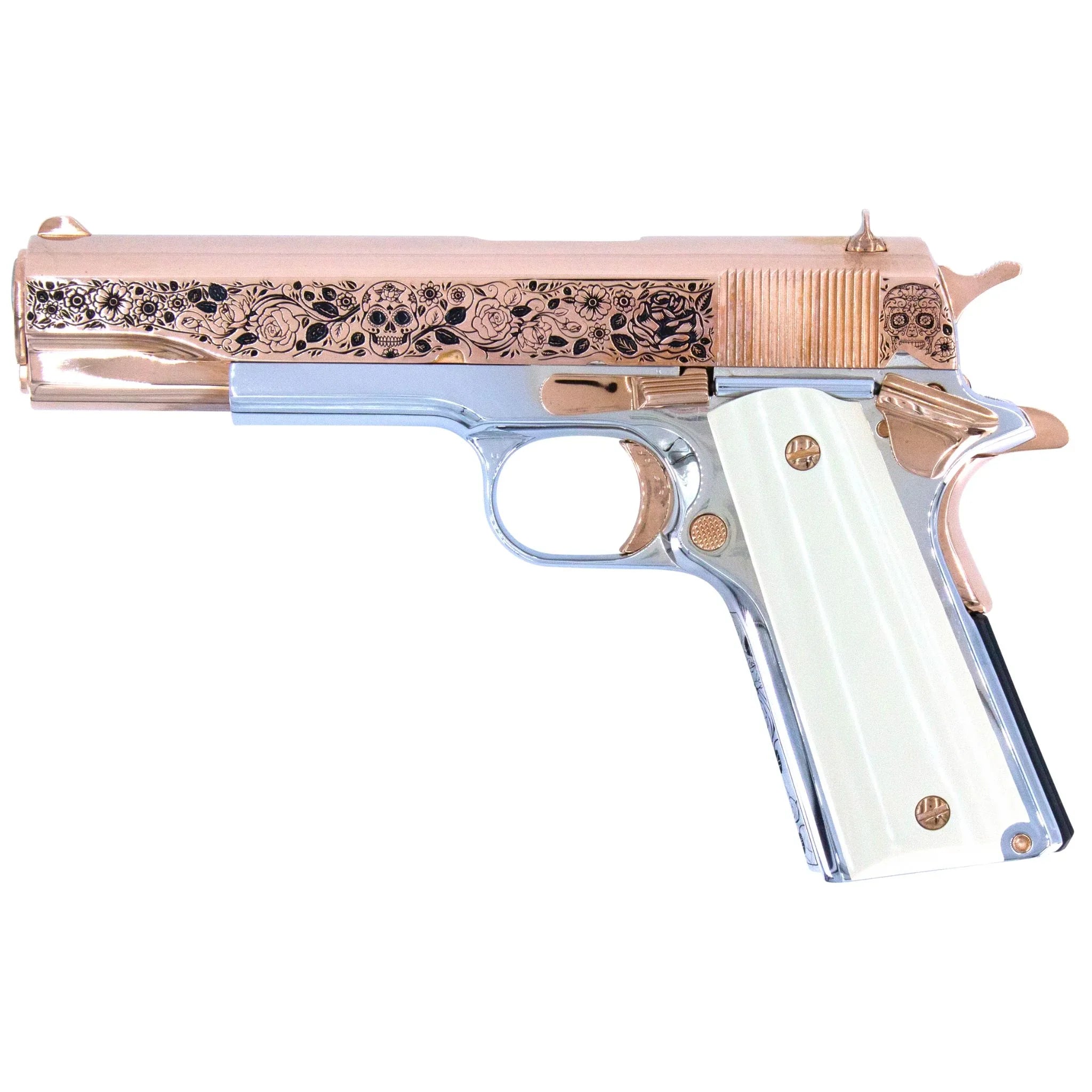 Colt 1911 Government, 38 Super, Dia De Los Muertos Design, 18K Rose Gold Slide & Accents, Chrome Finish Frame
