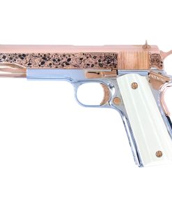 Colt 1911 Government, 45ACP, Dia De Los Muertos, 18K Rose Gold Slide, Chrome Finish Frame