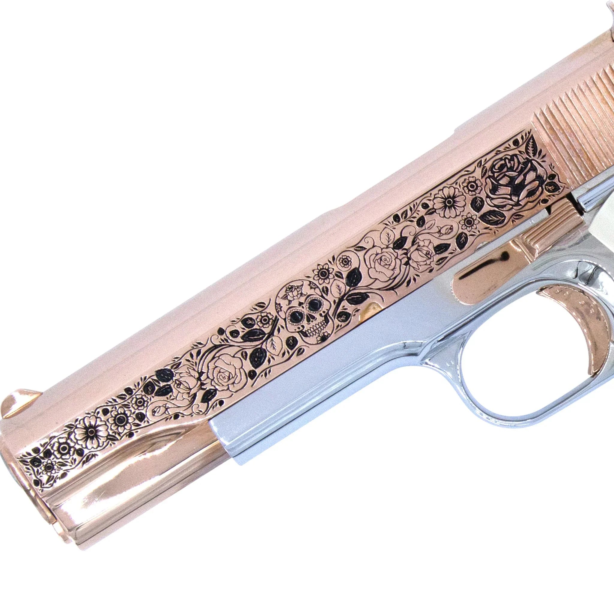 Colt 1911 Government, 38 Super, Dia De Los Muertos Design, 18K Rose Gold Slide & Accents, Chrome Finish Frame - Image 2