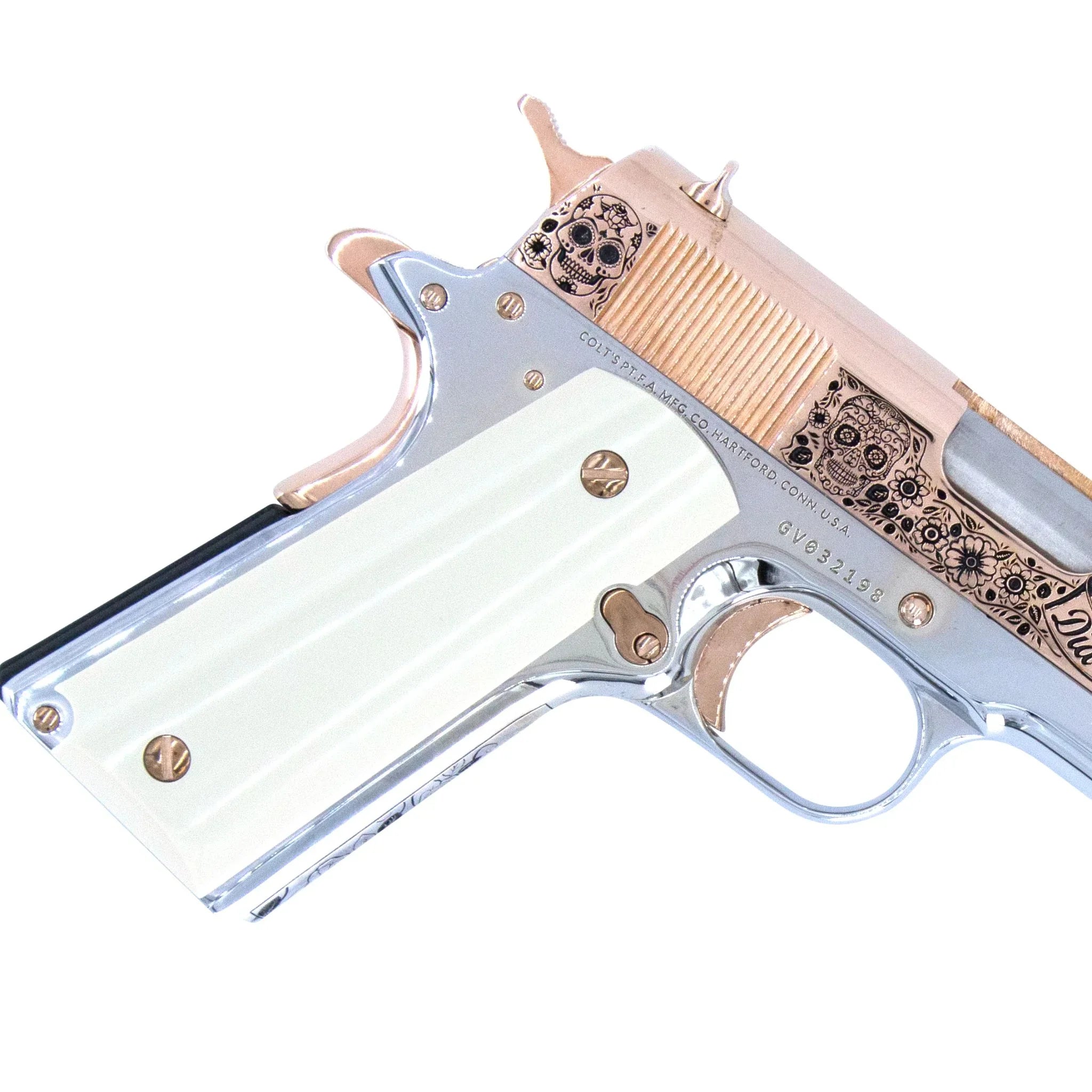 Colt 1911 Government, 38 Super, Dia De Los Muertos Design, 18K Rose Gold Slide & Accents, Chrome Finish Frame - Image 3