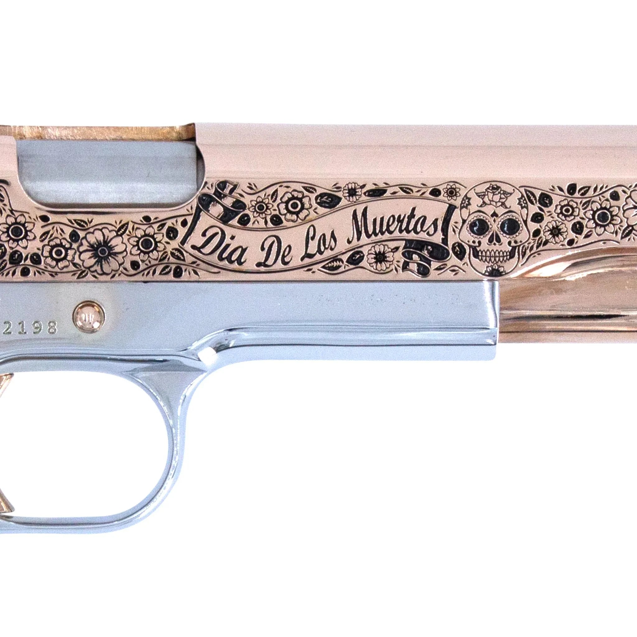 Colt 1911 Government, 38 Super, Dia De Los Muertos Design, 18K Rose Gold Slide & Accents, Chrome Finish Frame - Image 4