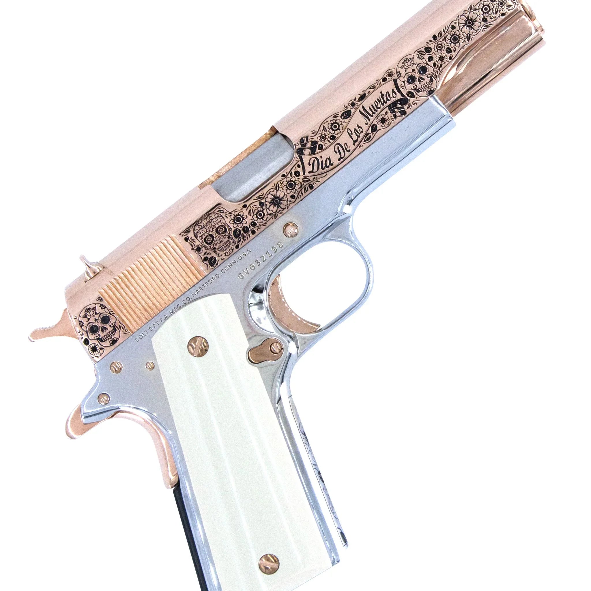Colt 1911 Government, 38 Super, Dia De Los Muertos Design, 18K Rose Gold Slide & Accents, Chrome Finish Frame - Image 5