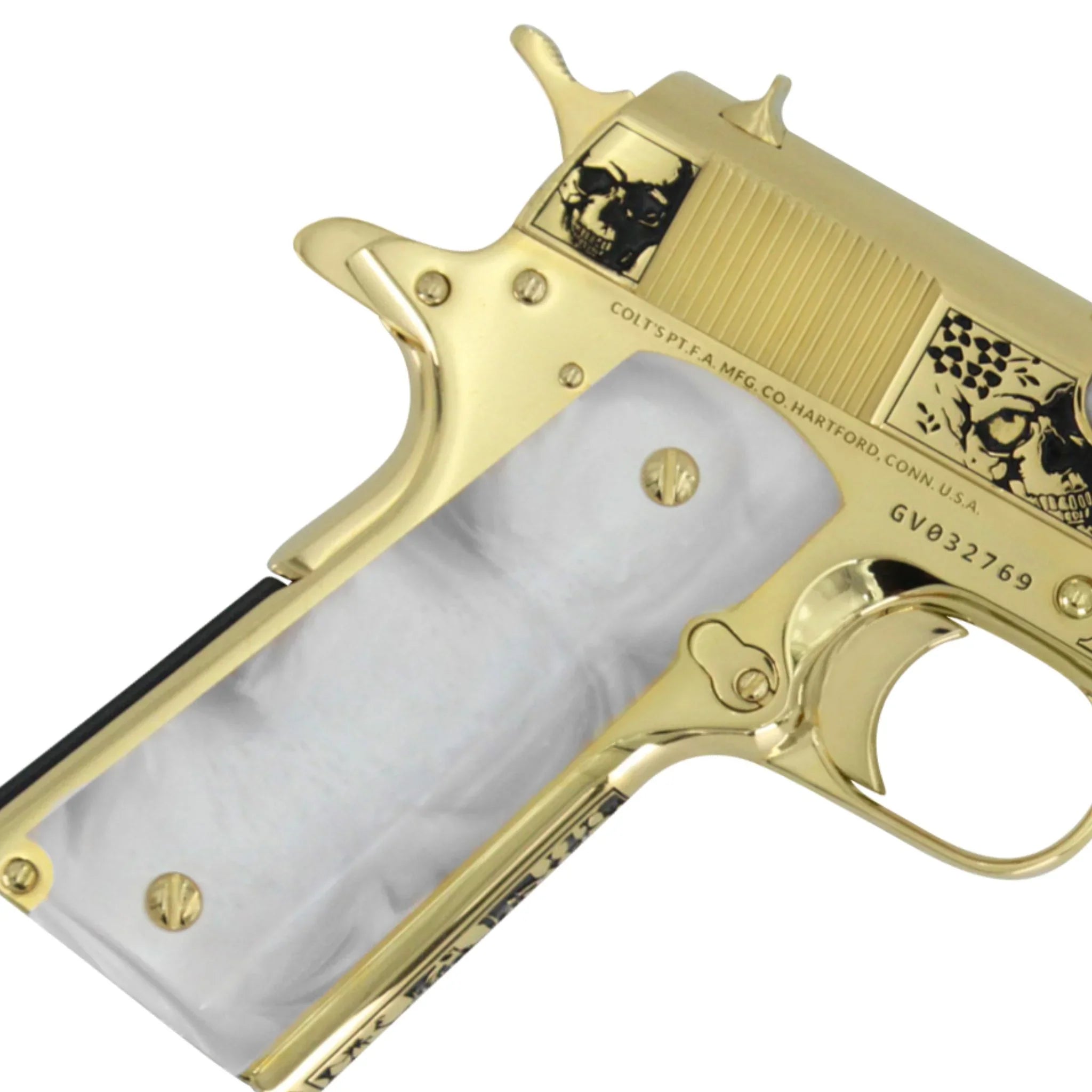 Colt 1911 Government, 45ACP, Memento Vivere, 24K All Gold Plated, Pearlized Polymer Grips - Image 3
