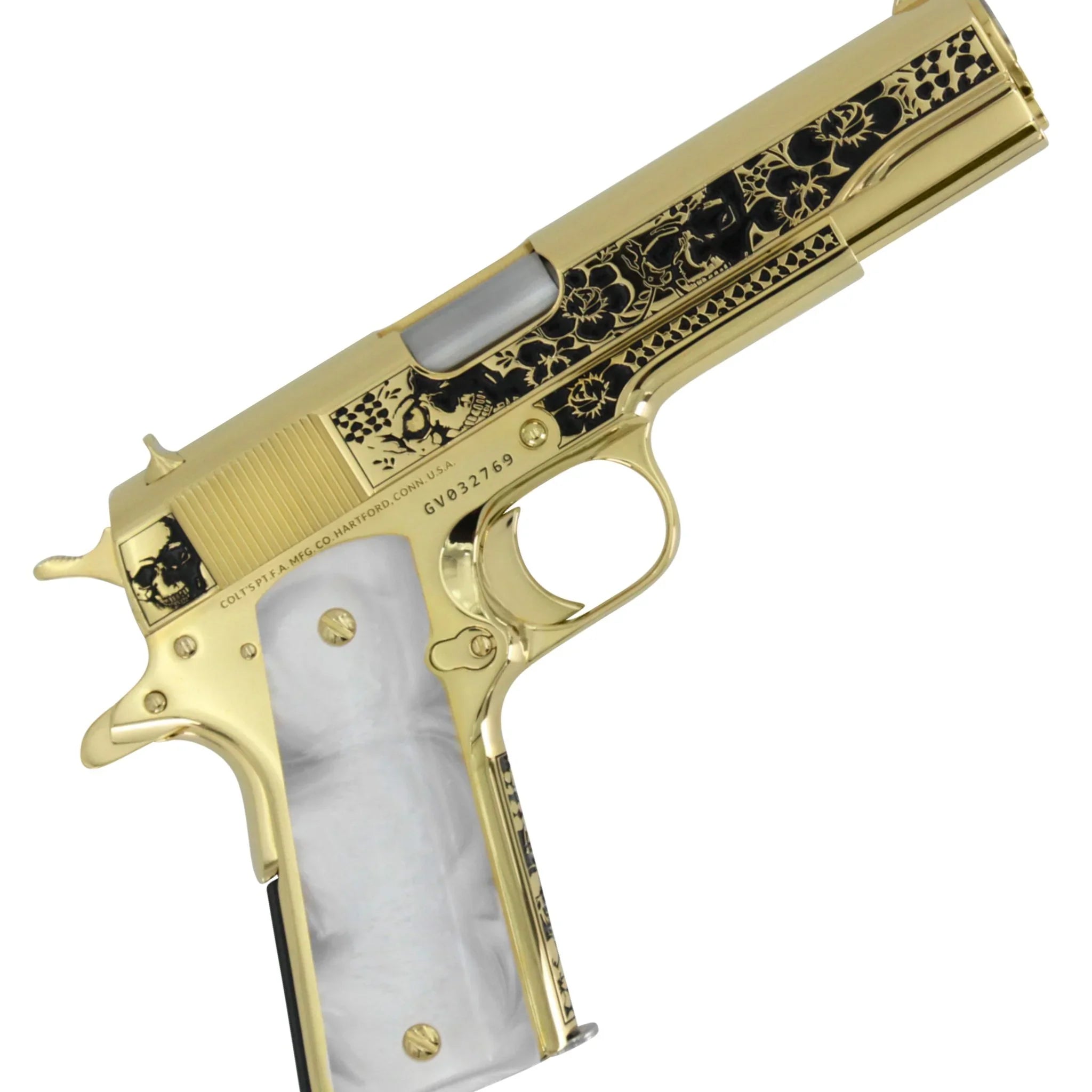 Colt 1911 Government, 45ACP, Memento Vivere, 24K All Gold Plated, Pearlized Polymer Grips - Image 5