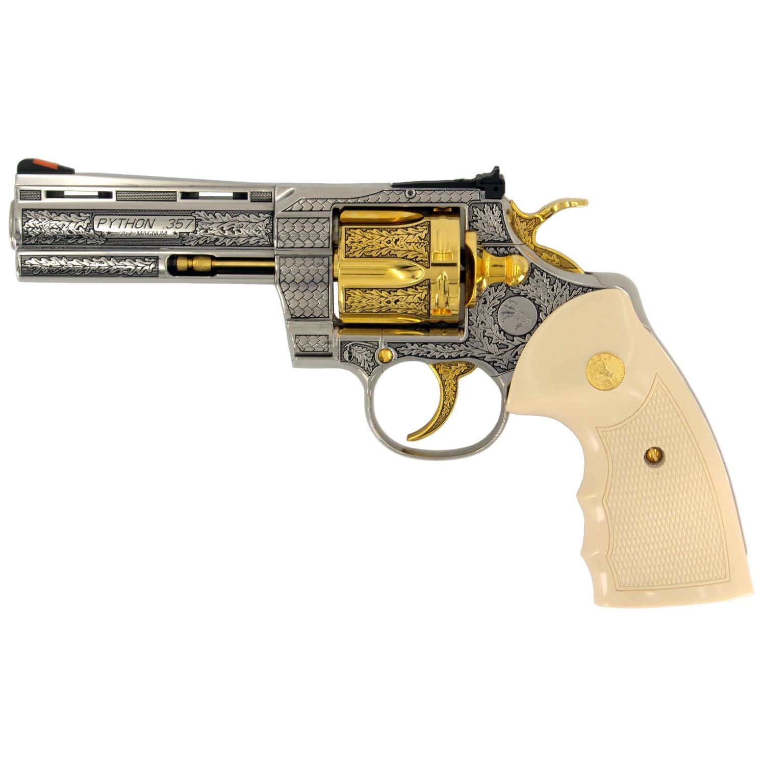 Colt Python, 4", .357 Magnum, 24 karat Gold Engraved High Polished Stainless Steel California Compliant