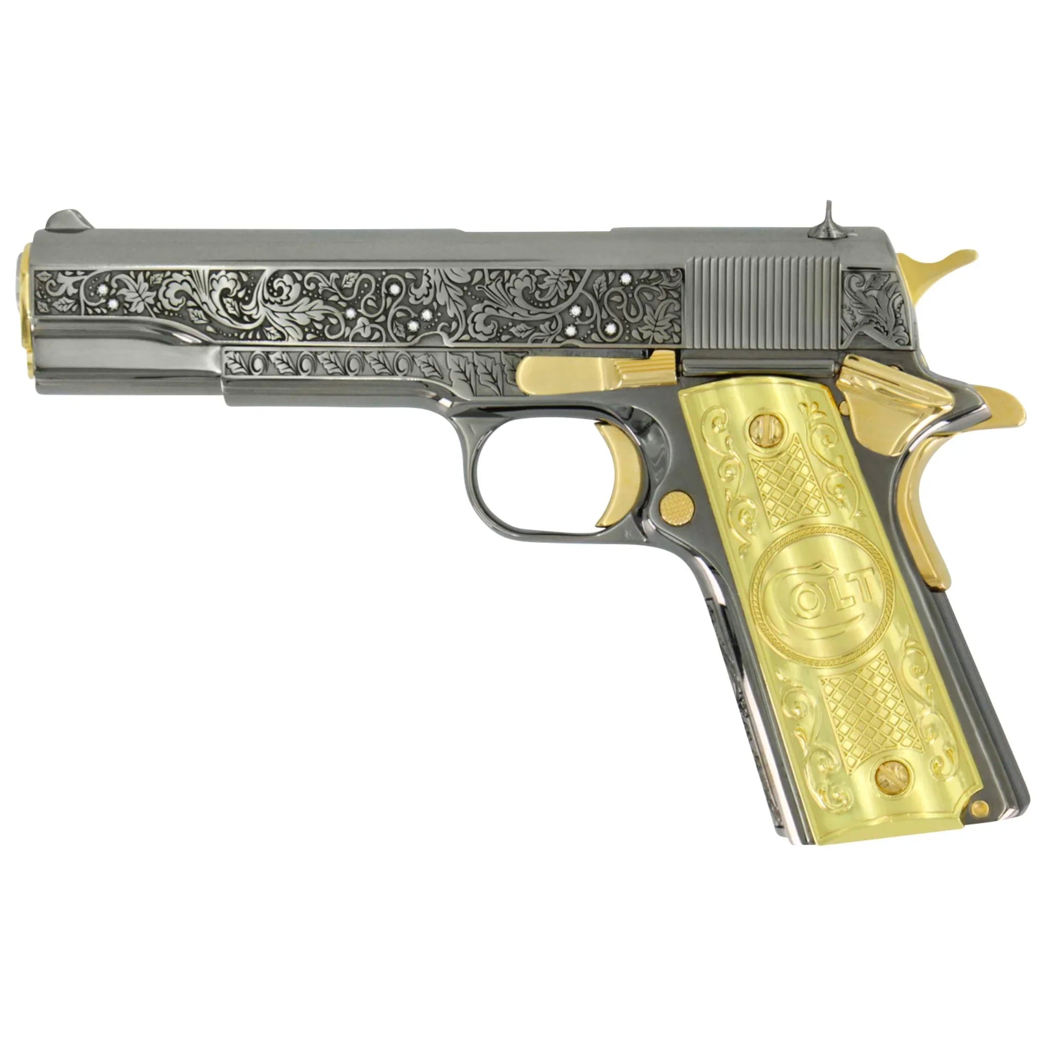 Colt 1911 Government, 45ACP, Vine & Berries Design Black Chrome With 24K Accents & Diamonds, 24kt Gold Accents