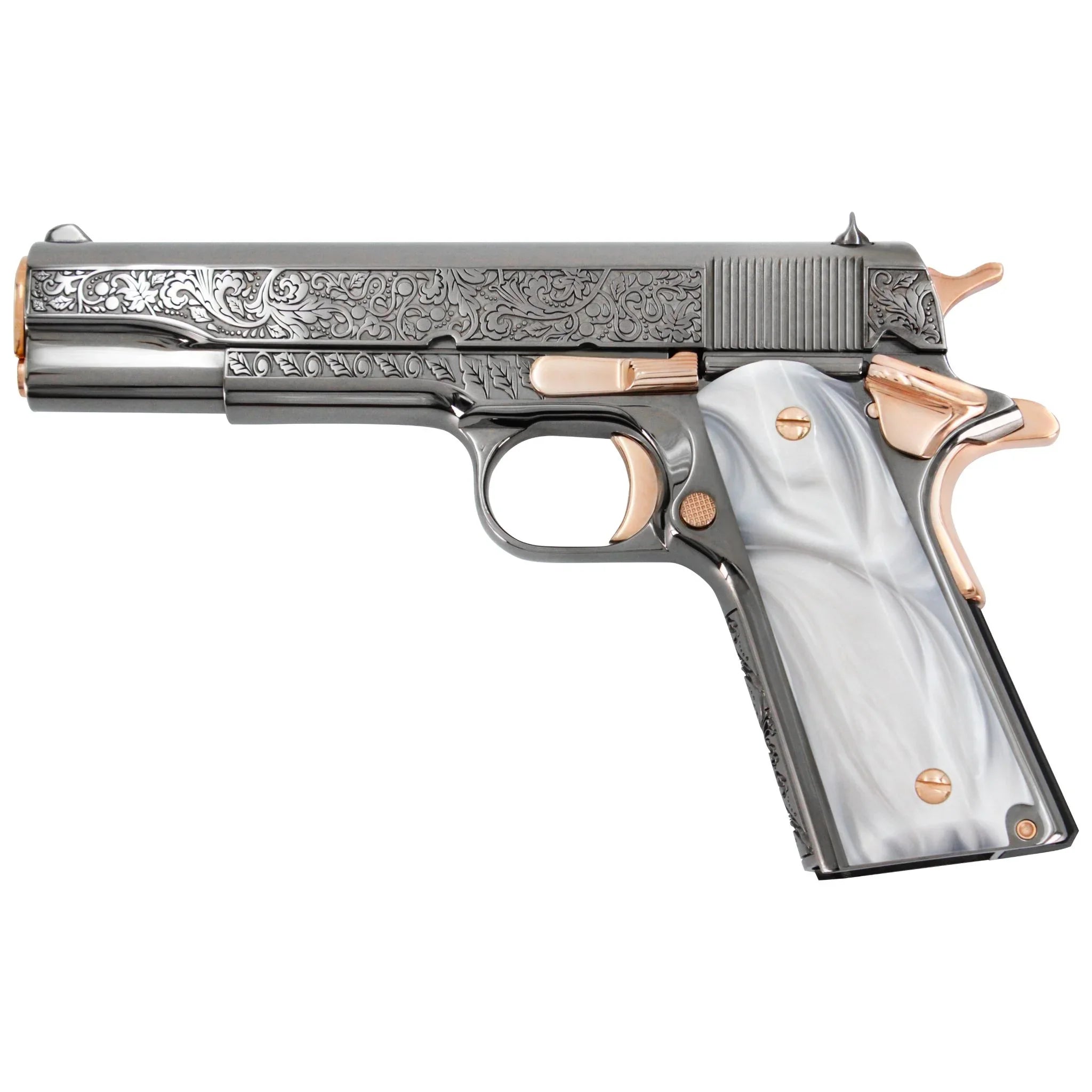 Colt 1911 Government, 45ACP, Vine and Berries Design, Black Chrome Finish With 18K Rose Gold Accents