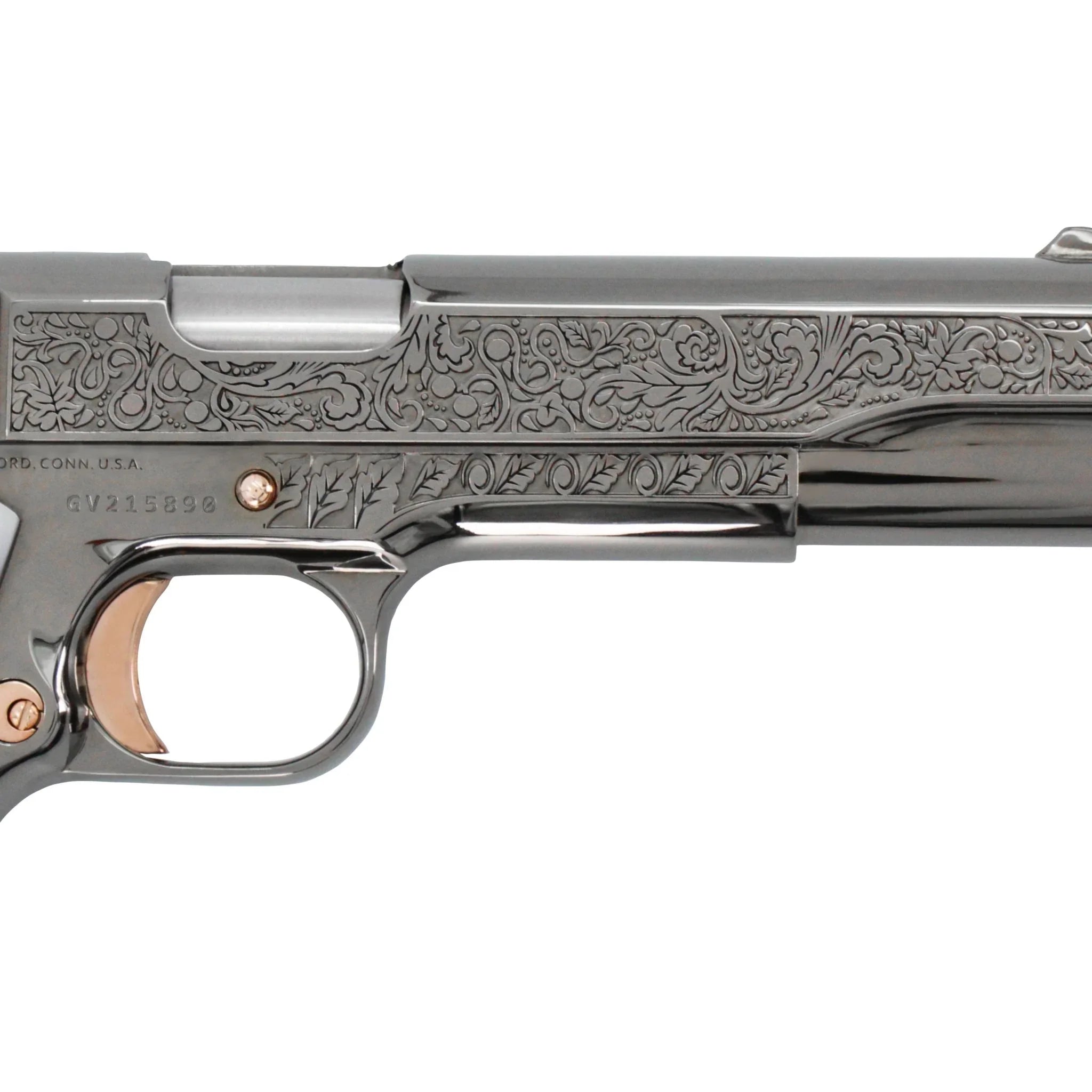 Colt 1911 Government, 45ACP, Vine and Berries Design, Black Chrome Finish With 18K Rose Gold Accents - Image 4