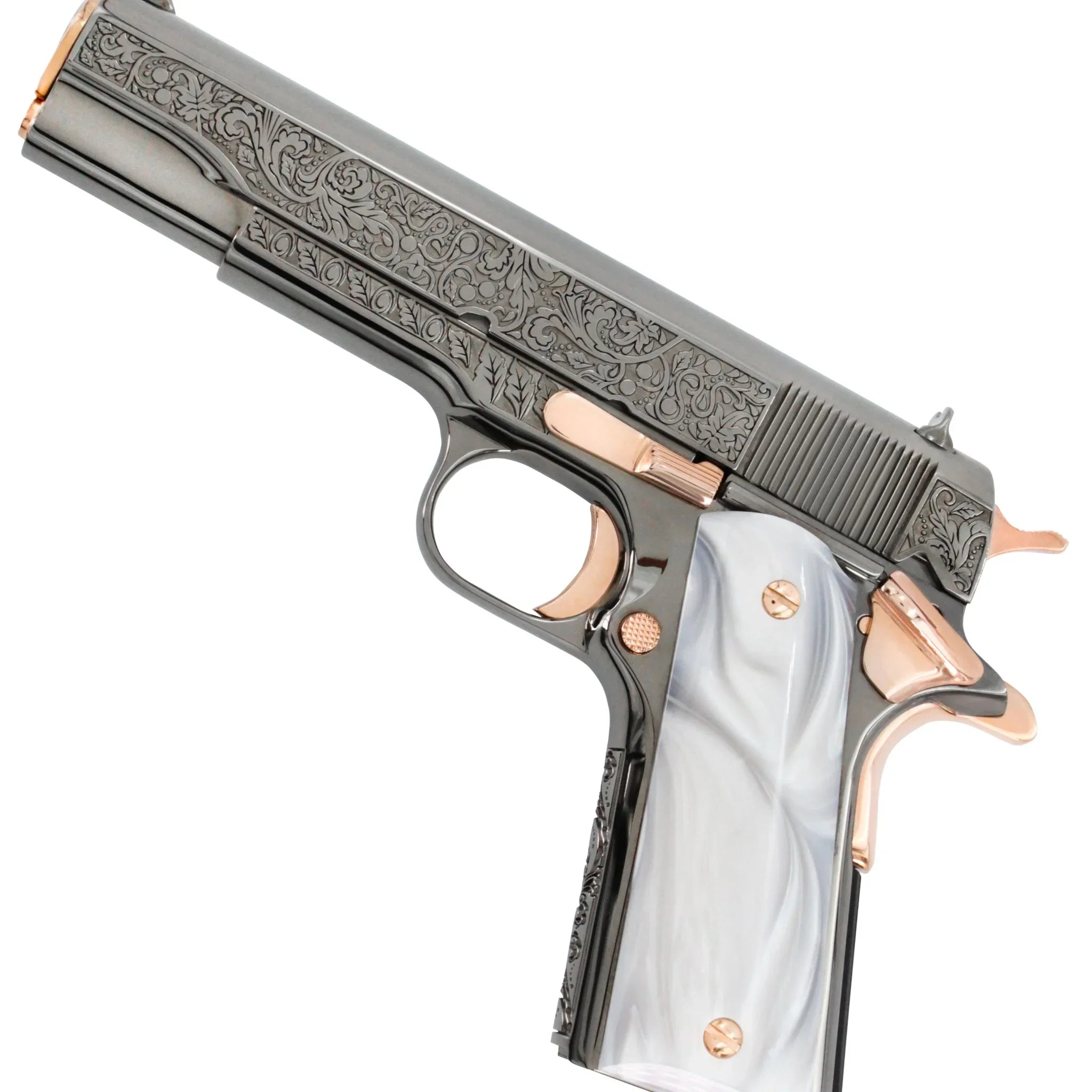 Colt 1911 Government, 45ACP, Vine and Berries Design, Black Chrome Finish With 18K Rose Gold Accents - Image 5