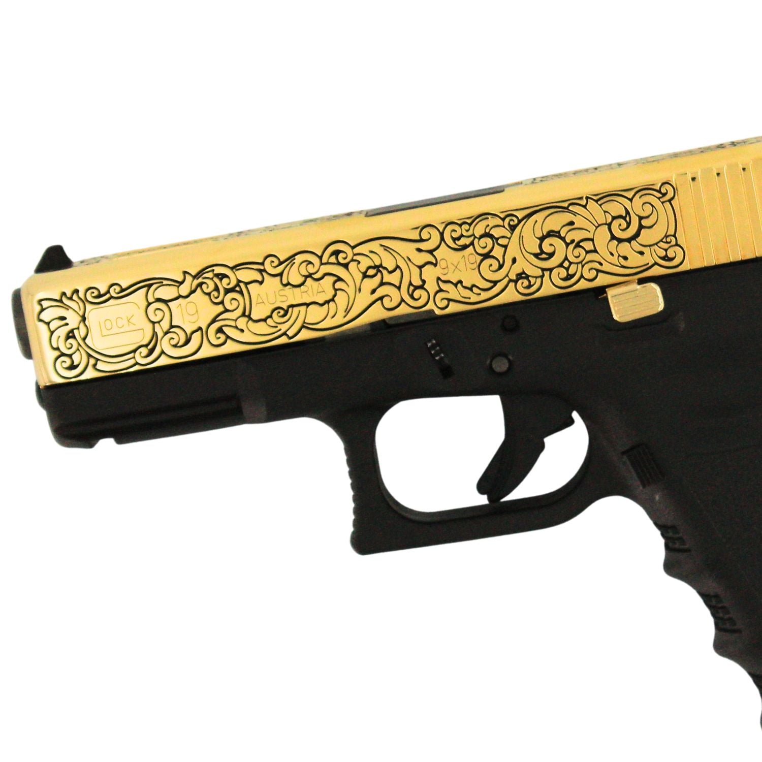 Glock G19 Gen 3, 9MM, English Scroll, 24 Karat Gold - Image 2