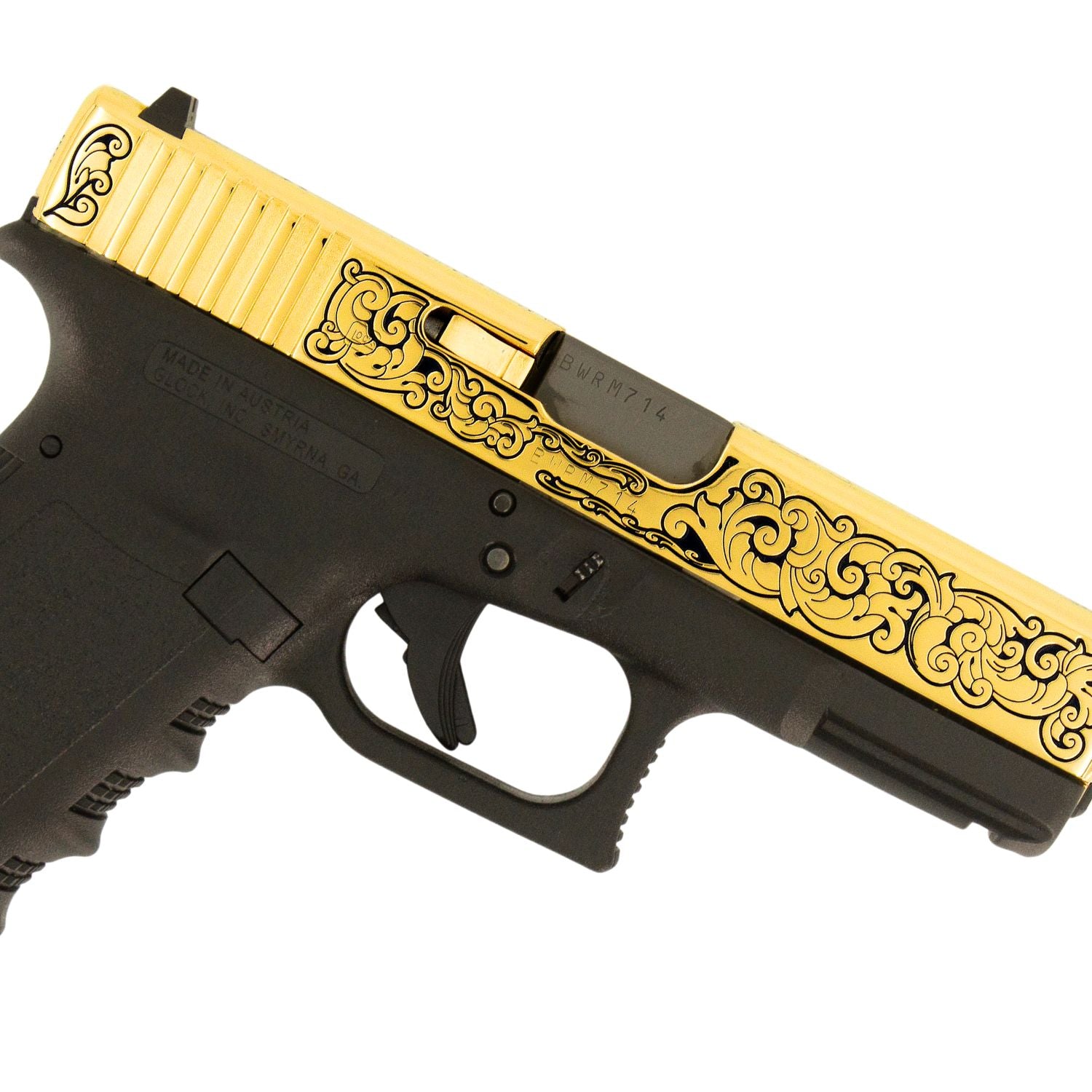 Glock G19 Gen 3, 9MM, English Scroll, 24 Karat Gold - Image 3