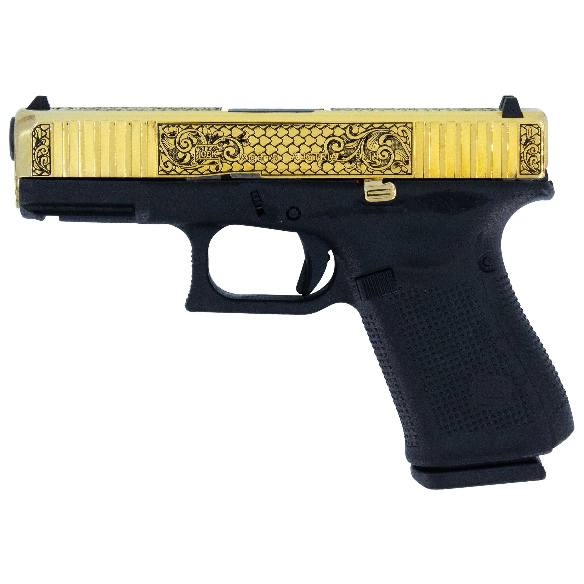Glock G19 Gen 5, 9MM, Tuscan Scroll, 24 Karat Gold
