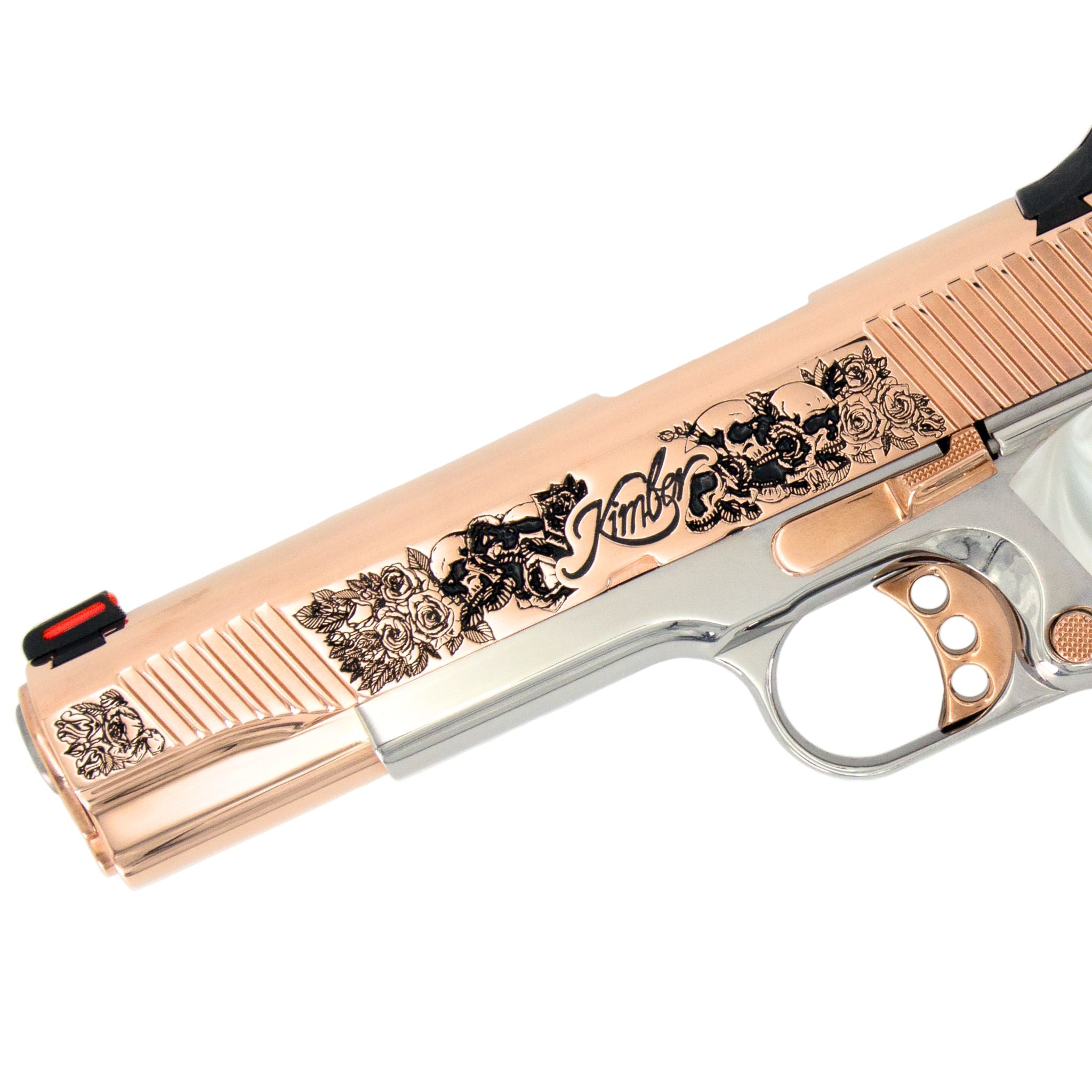 Kimber Stainless II 45 ACP Skull and Flowers Engraved Rose Gold and High Polished Stainless Steel CA Compliant - Image 2