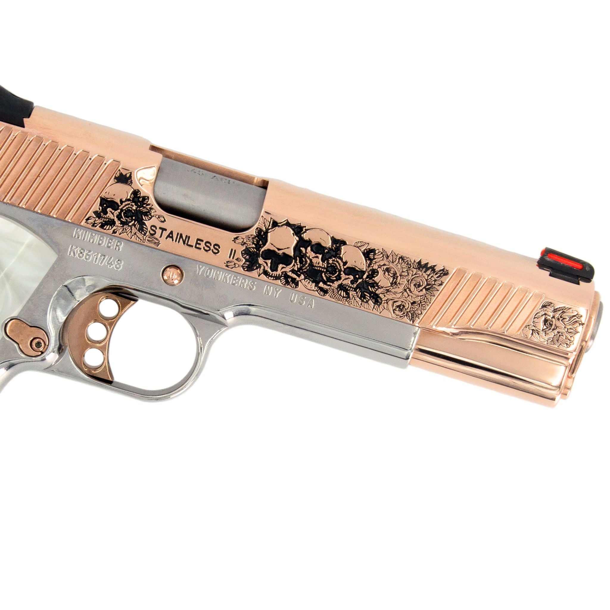 Kimber Stainless II 45 ACP Skull and Flowers Engraved Rose Gold and High Polished Stainless Steel CA Compliant - Image 3