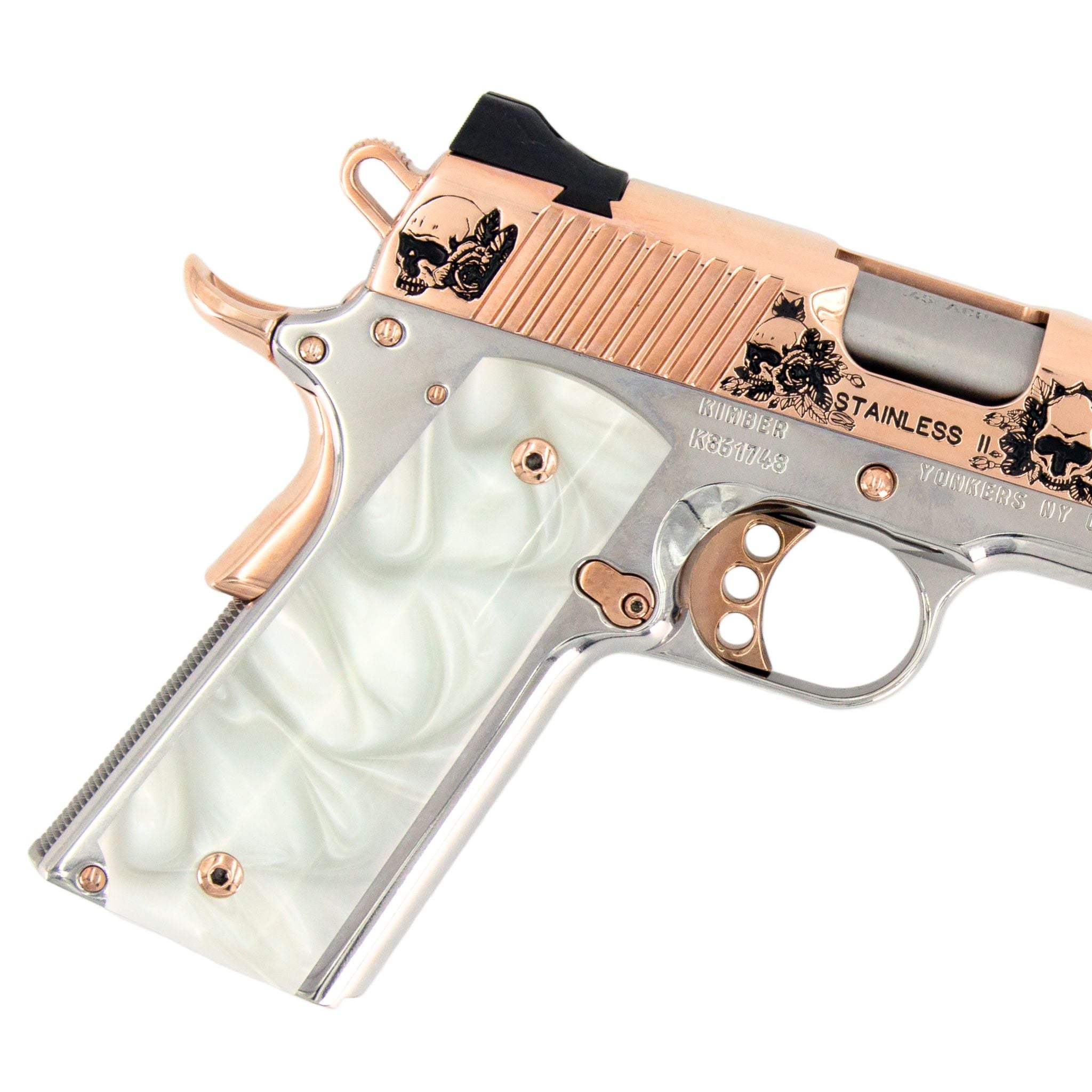 Kimber Stainless II 45 ACP Skull and Flowers Engraved Rose Gold and High Polished Stainless Steel CA Compliant - Image 4