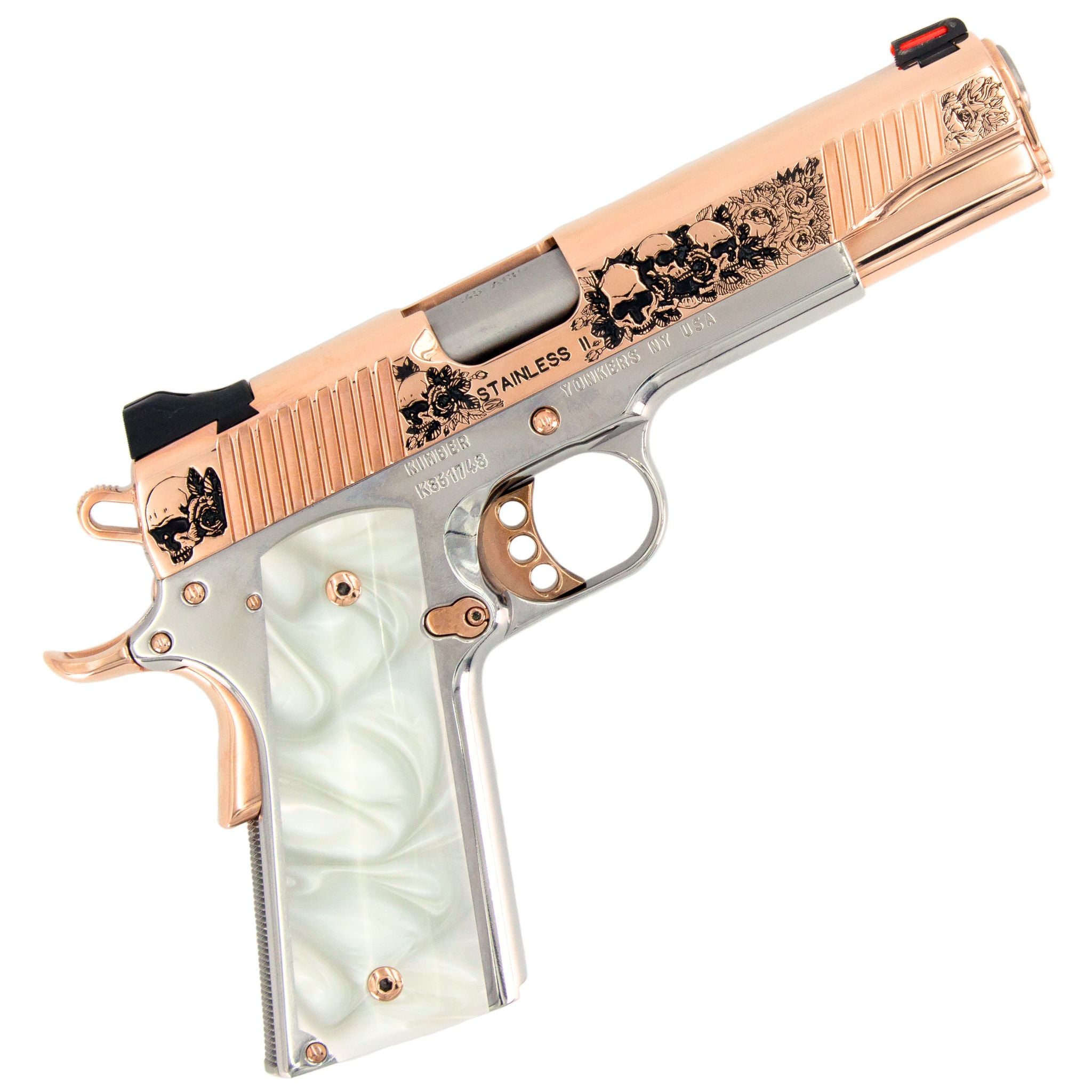 Kimber Stainless II 45 ACP Skull and Flowers Engraved Rose Gold and High Polished Stainless Steel CA Compliant - Image 5