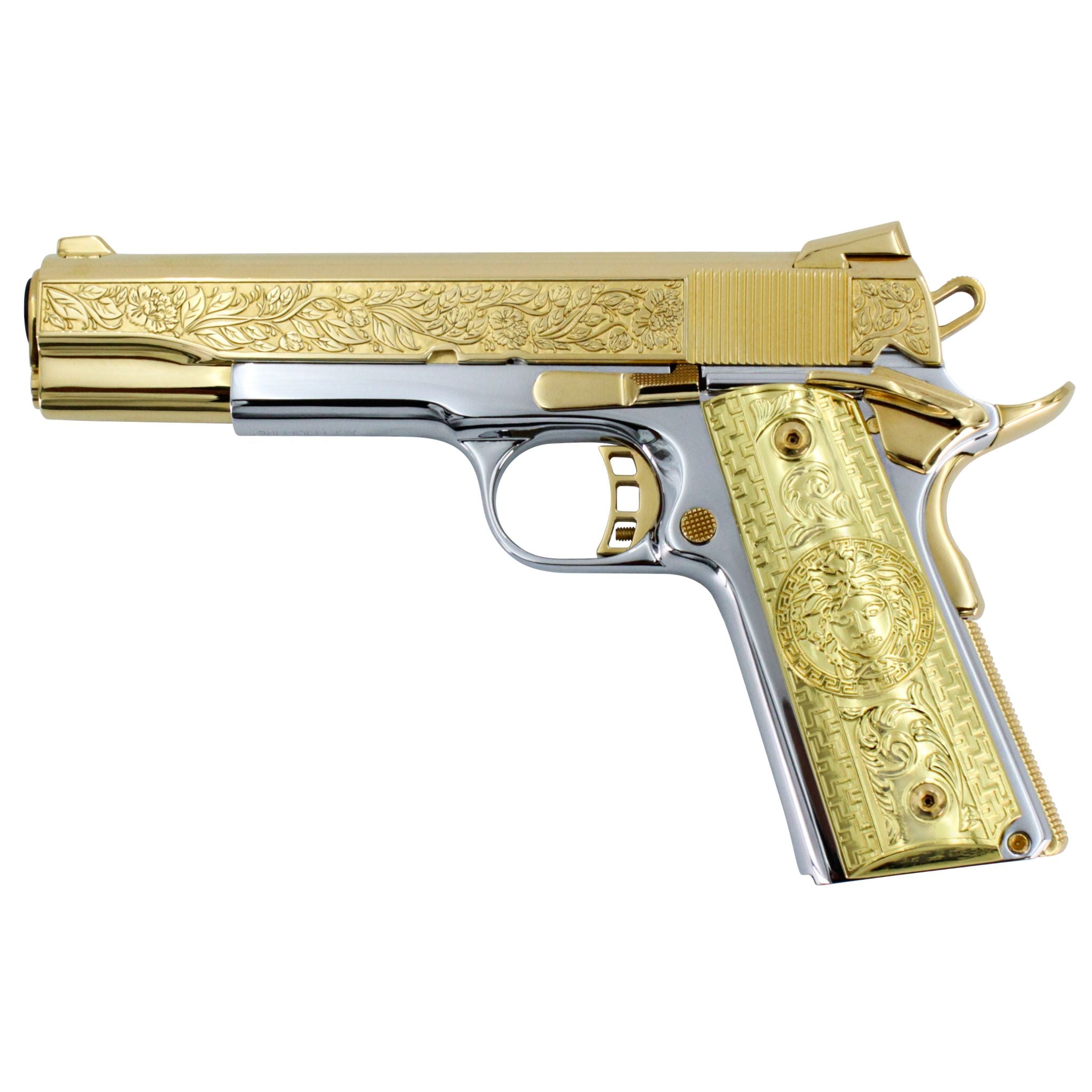 Rock Island 1911, 45 ACP, Italian Renaissance, 24K Gold Plated Slide & Accents with High Polished White Chrome Frame