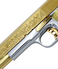 Alternative view of Rock Island 1911, 45 ACP, Italian Renaissance, 24K Gold Plated Slide & Accents with High Polished White Chrome Frame