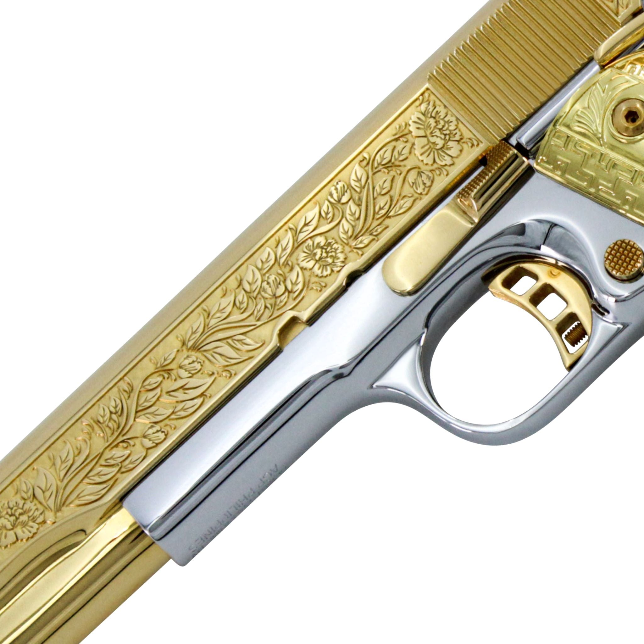 Rock Island 1911, 45 ACP, Italian Renaissance, 24K Gold Plated Slide & Accents with High Polished White Chrome Frame - Image 2