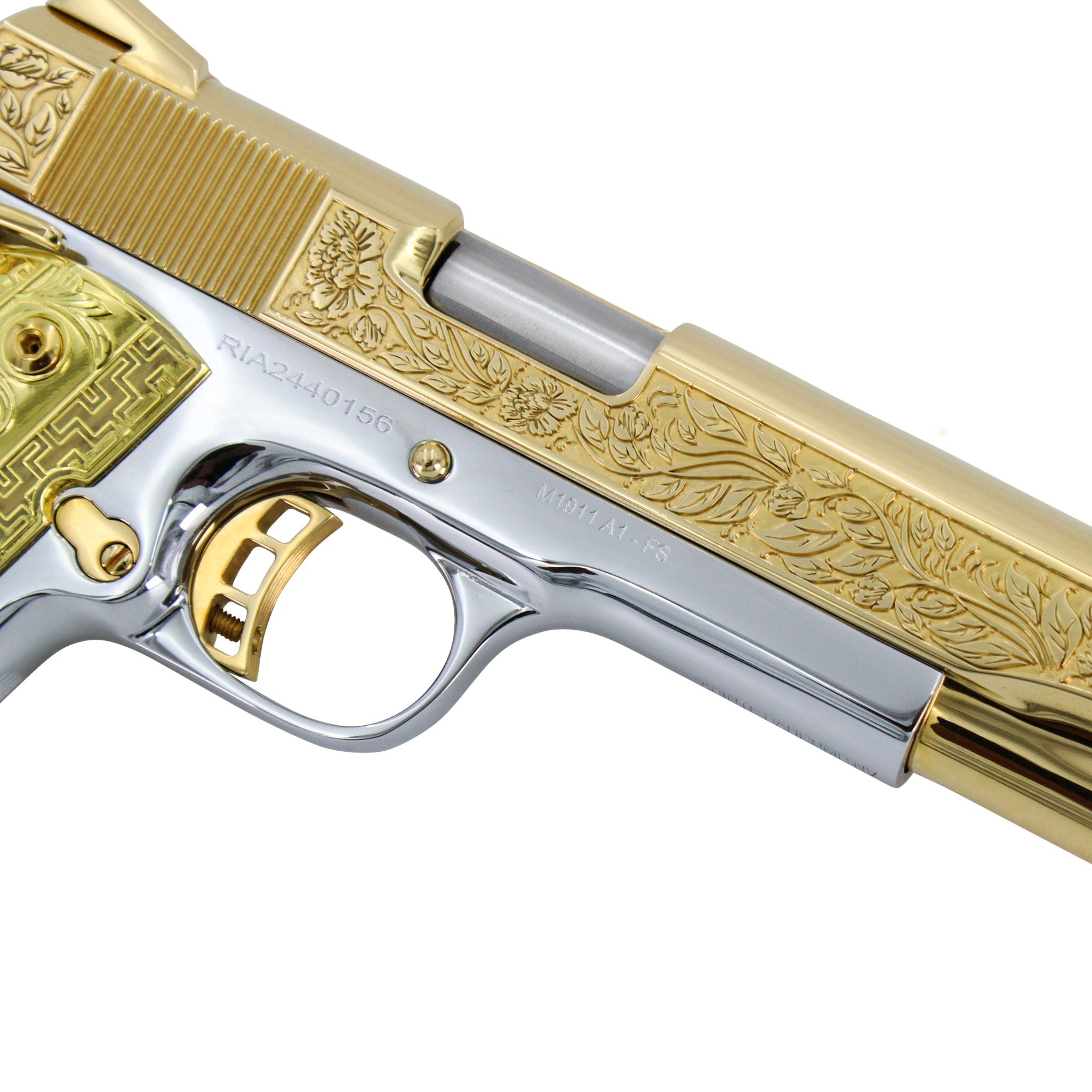 Rock Island 1911, 45 ACP, Italian Renaissance, 24K Gold Plated Slide & Accents with High Polished White Chrome Frame - Image 3