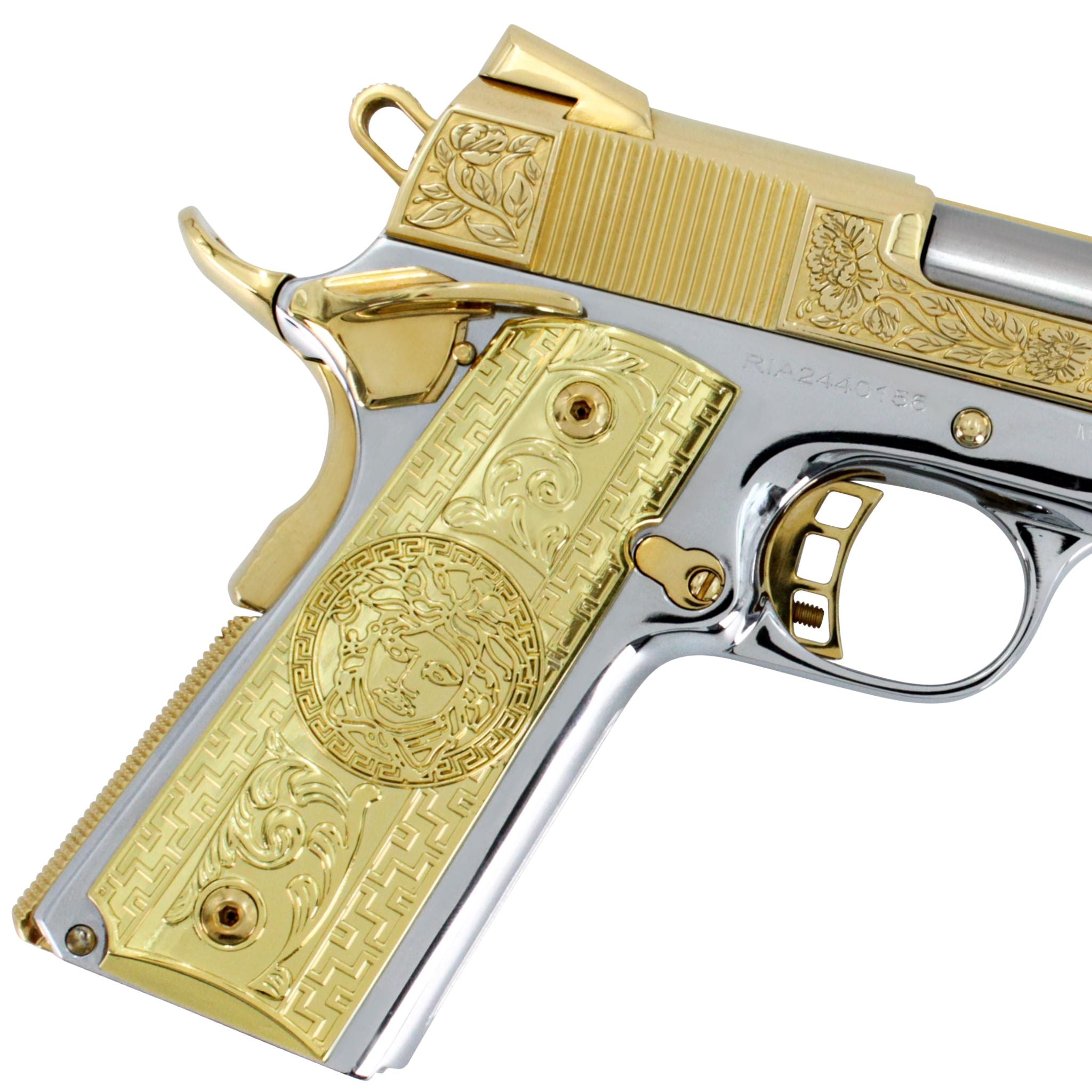 Rock Island 1911, 45 ACP, Italian Renaissance, 24K Gold Plated Slide & Accents with High Polished White Chrome Frame - Image 4